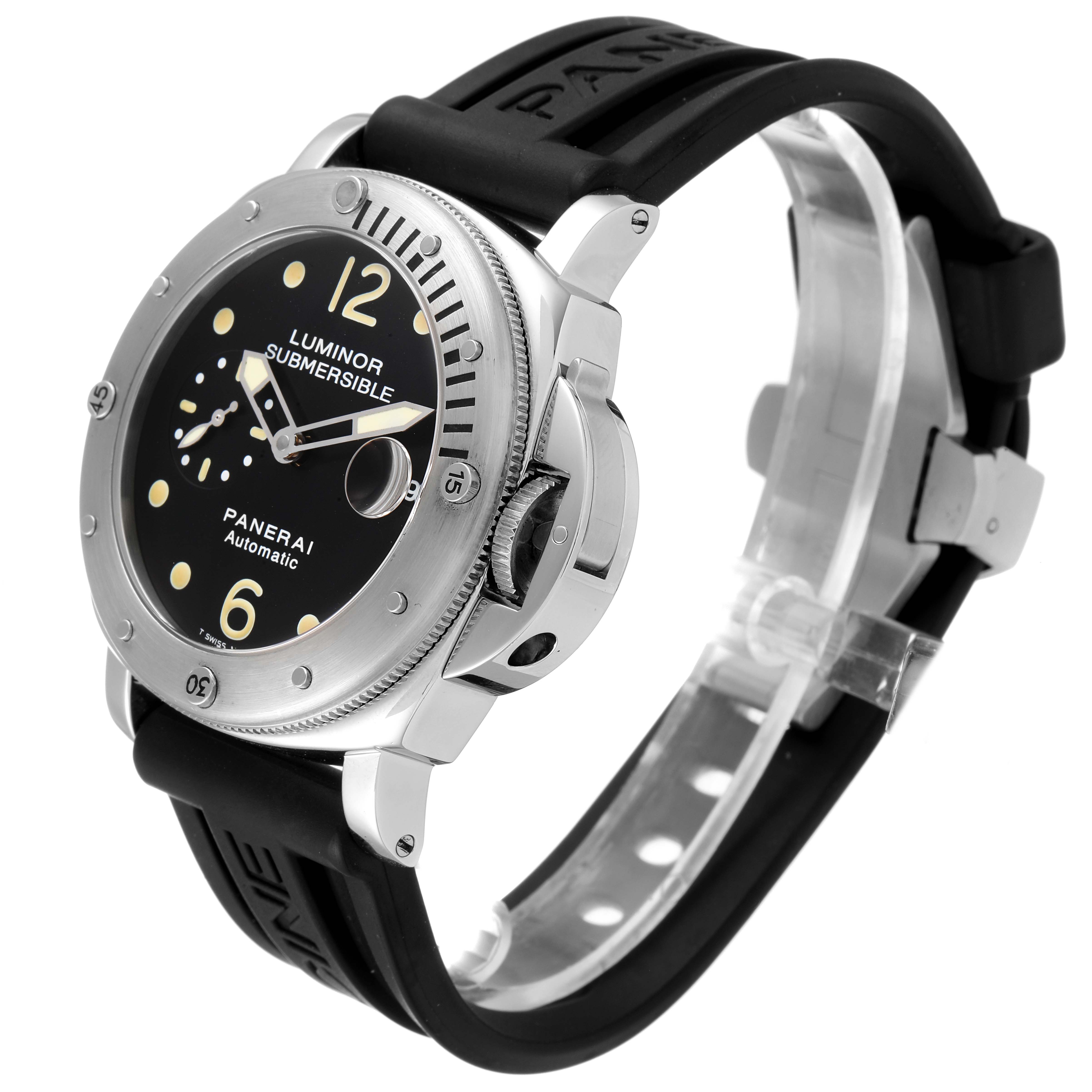 The image shows a Panerai Luminor Submersible watch from an angled side view, highlighting the face, case, and strap.