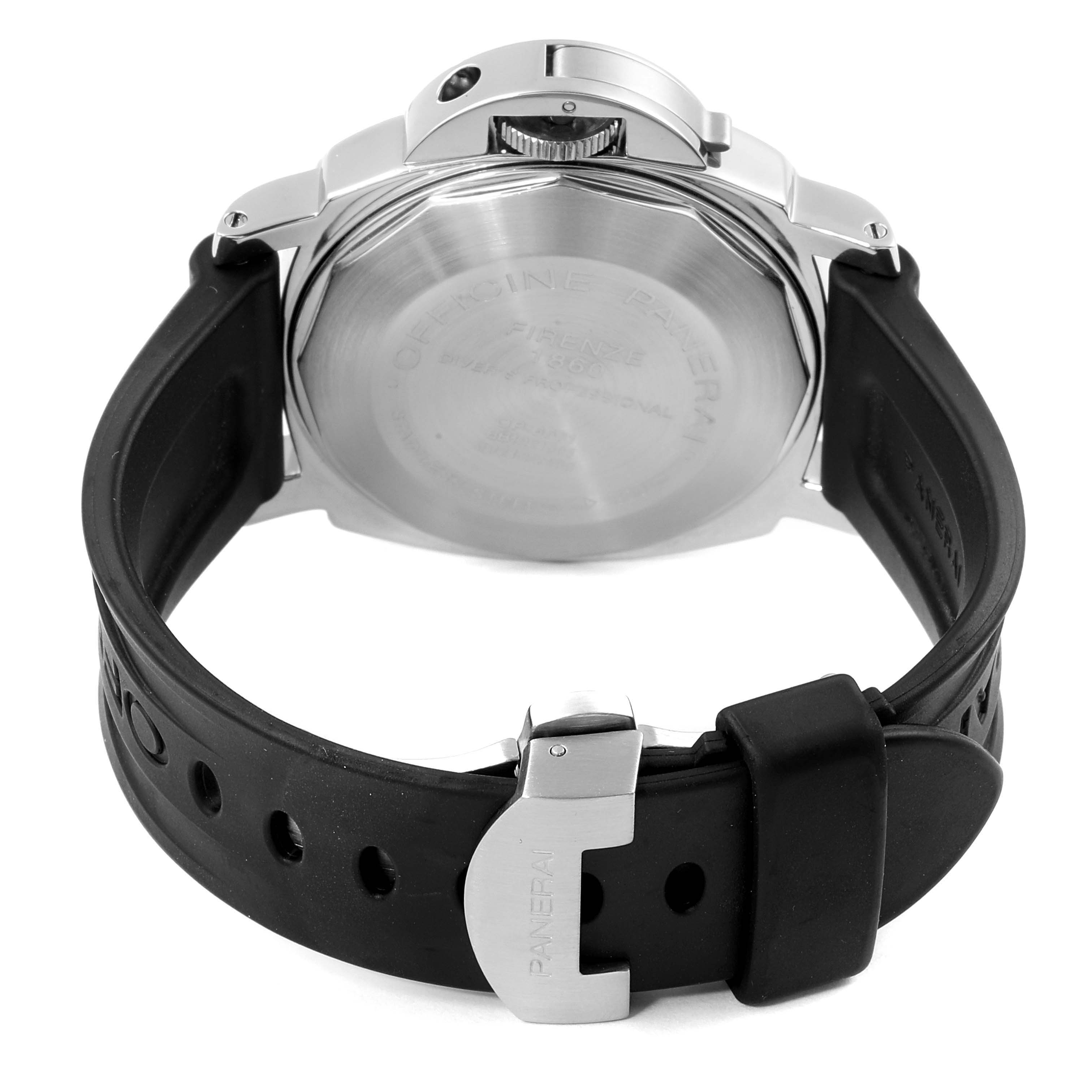 The image shows the back view of the Panerai Submersible PAM00024 Men's Stainless Steel Black Dial PAM00024 Men's Stainless Steel Black Dial watch, featuring its case back and black rubber strap.