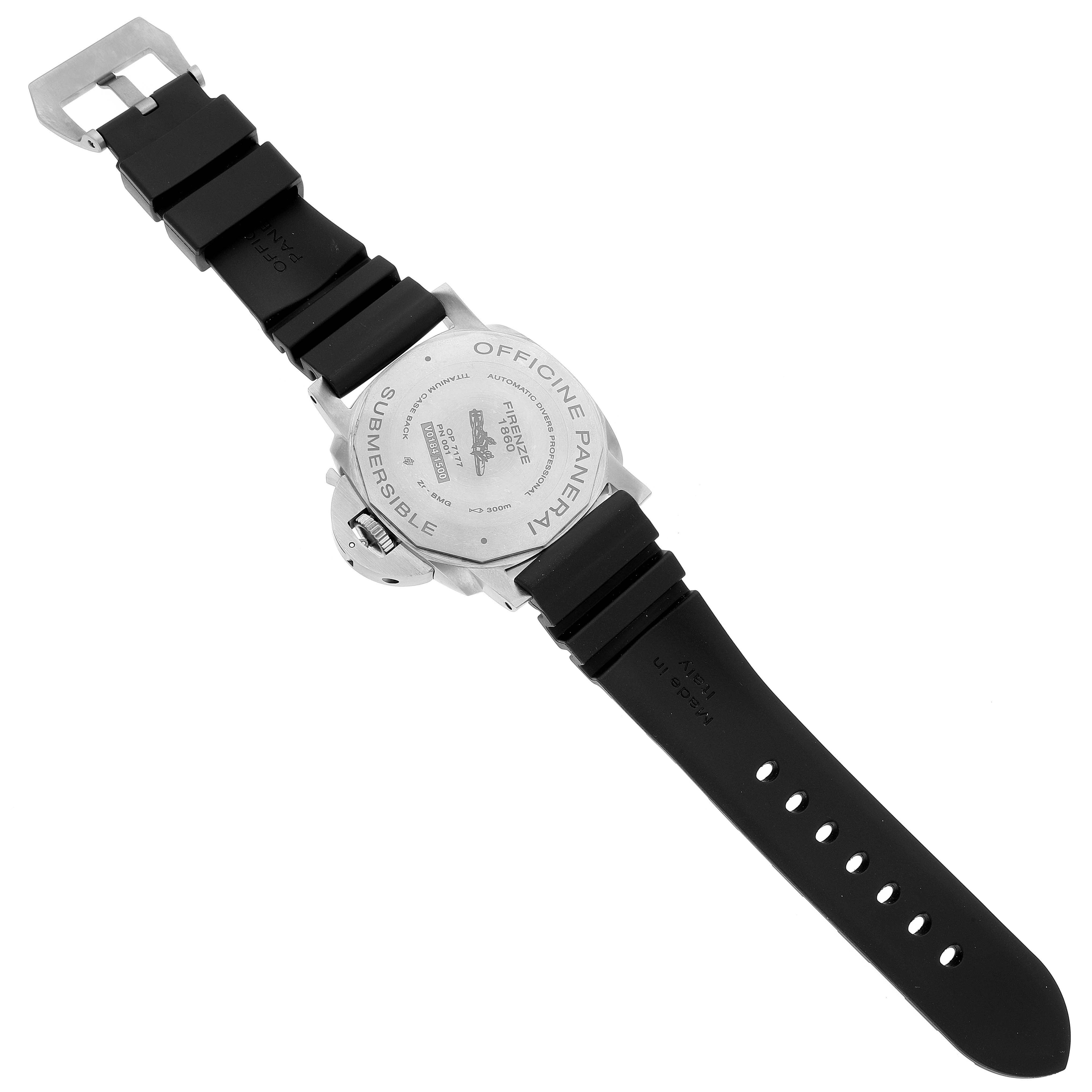 The image shows the back and strap of a Panerai Submersible PAM00799 Men's Stainless Steel Black Dial PAM00799 Men's Stainless Steel Black Dial watch, highlighting the case back and buckle.