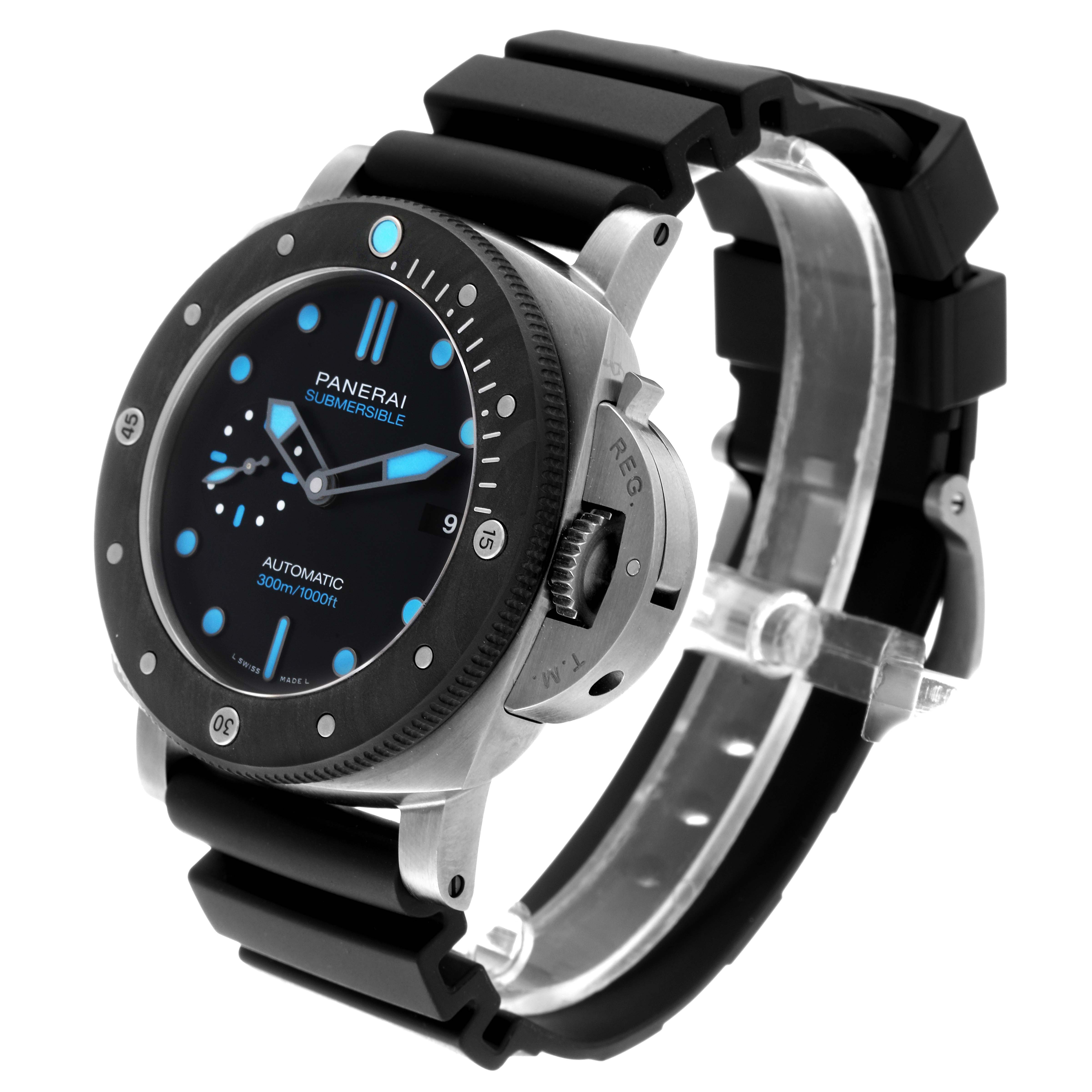 The Panerai Submersible PAM00799 Men's Stainless Steel Black Dial PAM00799 Men's Stainless Steel Black Dial watch is shown at an angle from the right side, highlighting its bezel, dial, and strap.