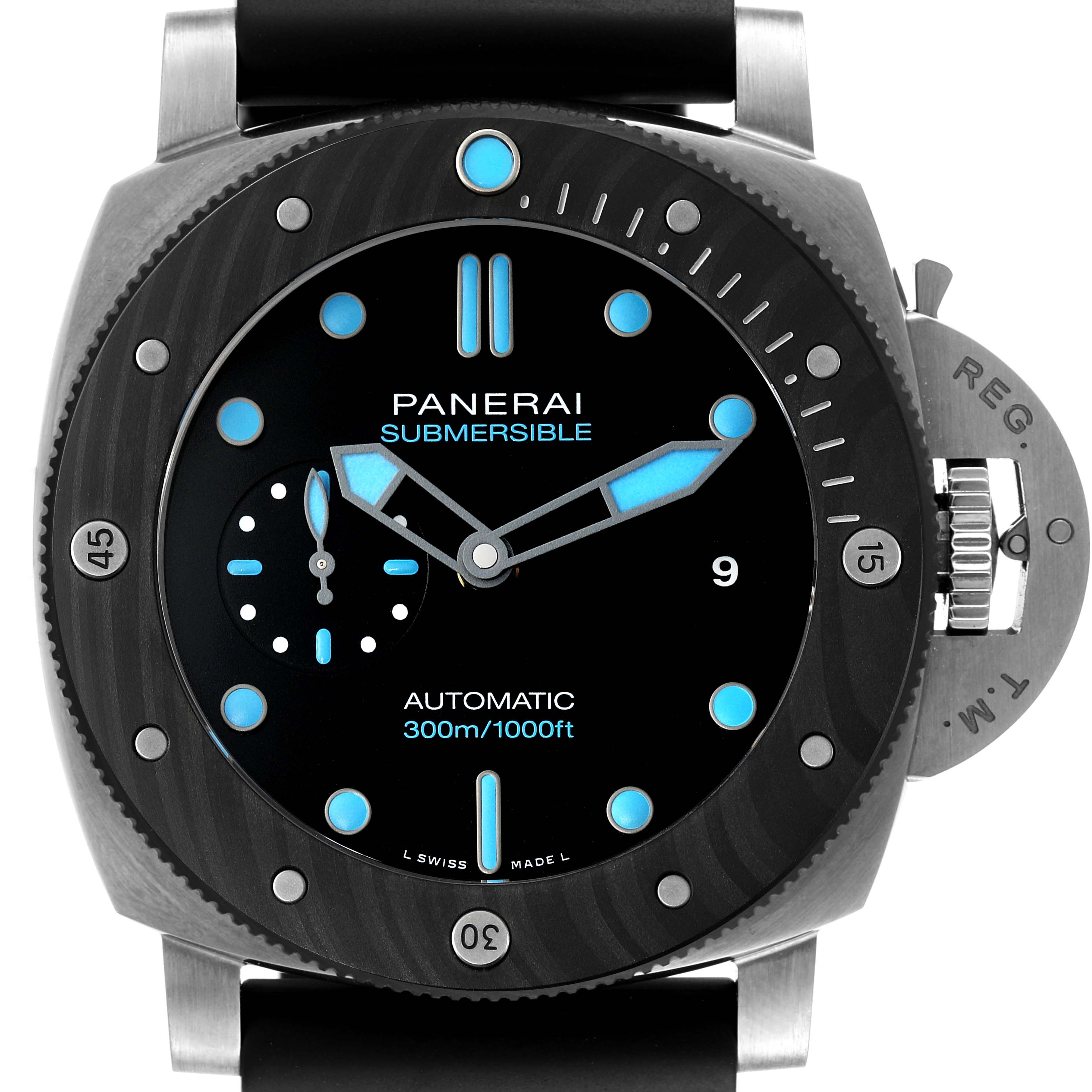 The Panerai Submersible PAM00799 Men's Stainless Steel Black Dial PAM00799 Men's Stainless Steel Black Dial watch is shown from the front, highlighting its dial, bezel, crown guard, and display features.