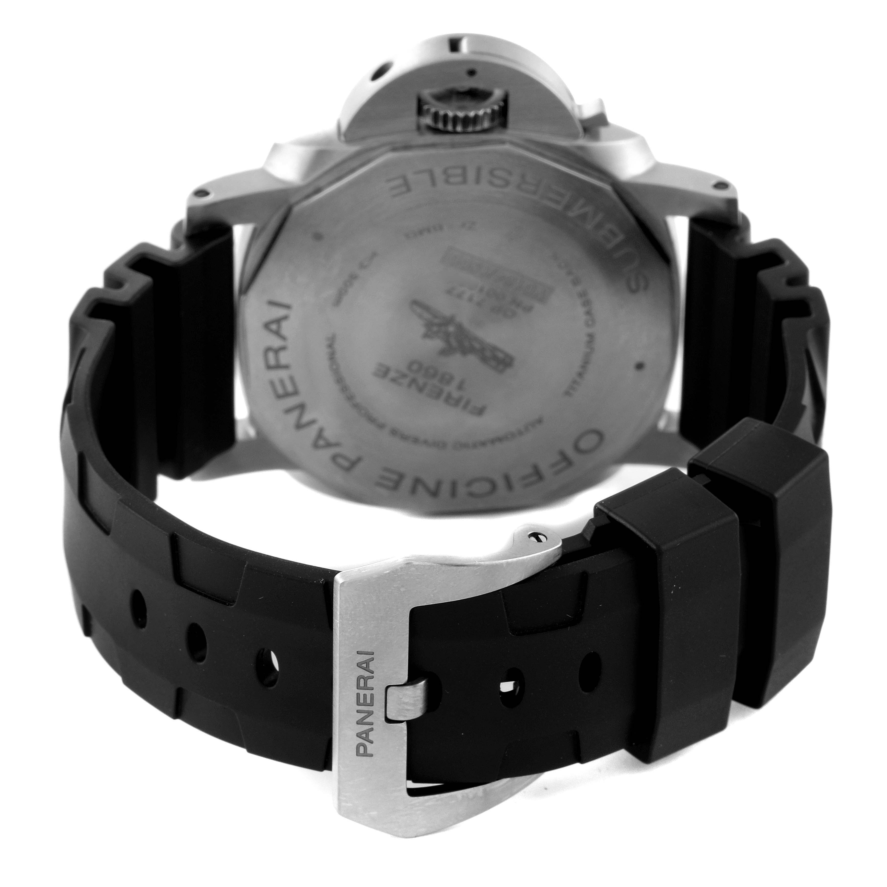 The image shows the back view of a Panerai Submersible PAM00799 Men's Stainless Steel Black Dial PAM00799 Men's Stainless Steel Black Dial watch, highlighting the case back and rubber strap with the Panerai-branded buckle.
