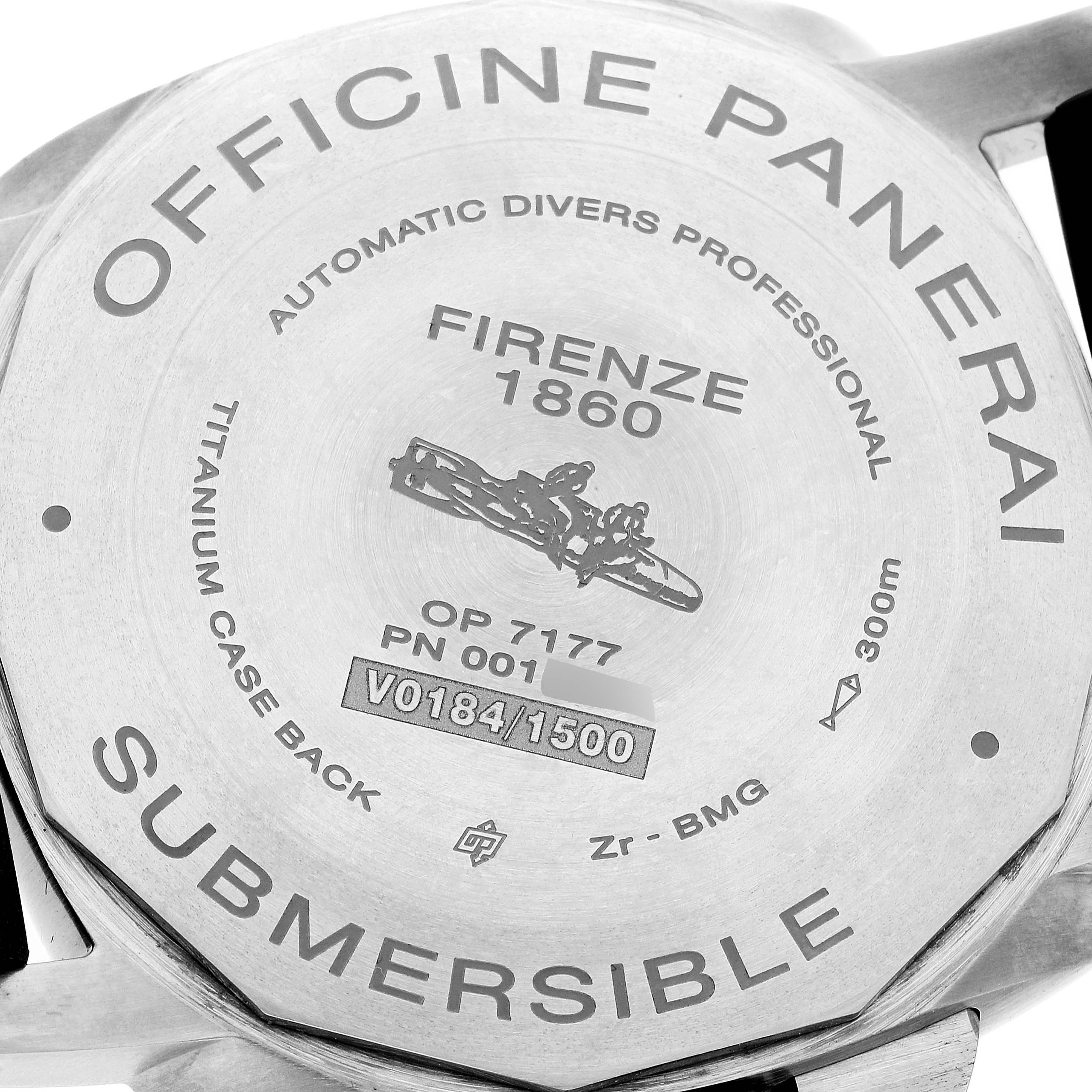 The image shows the back case of a Panerai Submersible PAM00799 Men's Stainless Steel Black Dial PAM00799 Men's Stainless Steel Black Dial watch, displaying model details and branding.