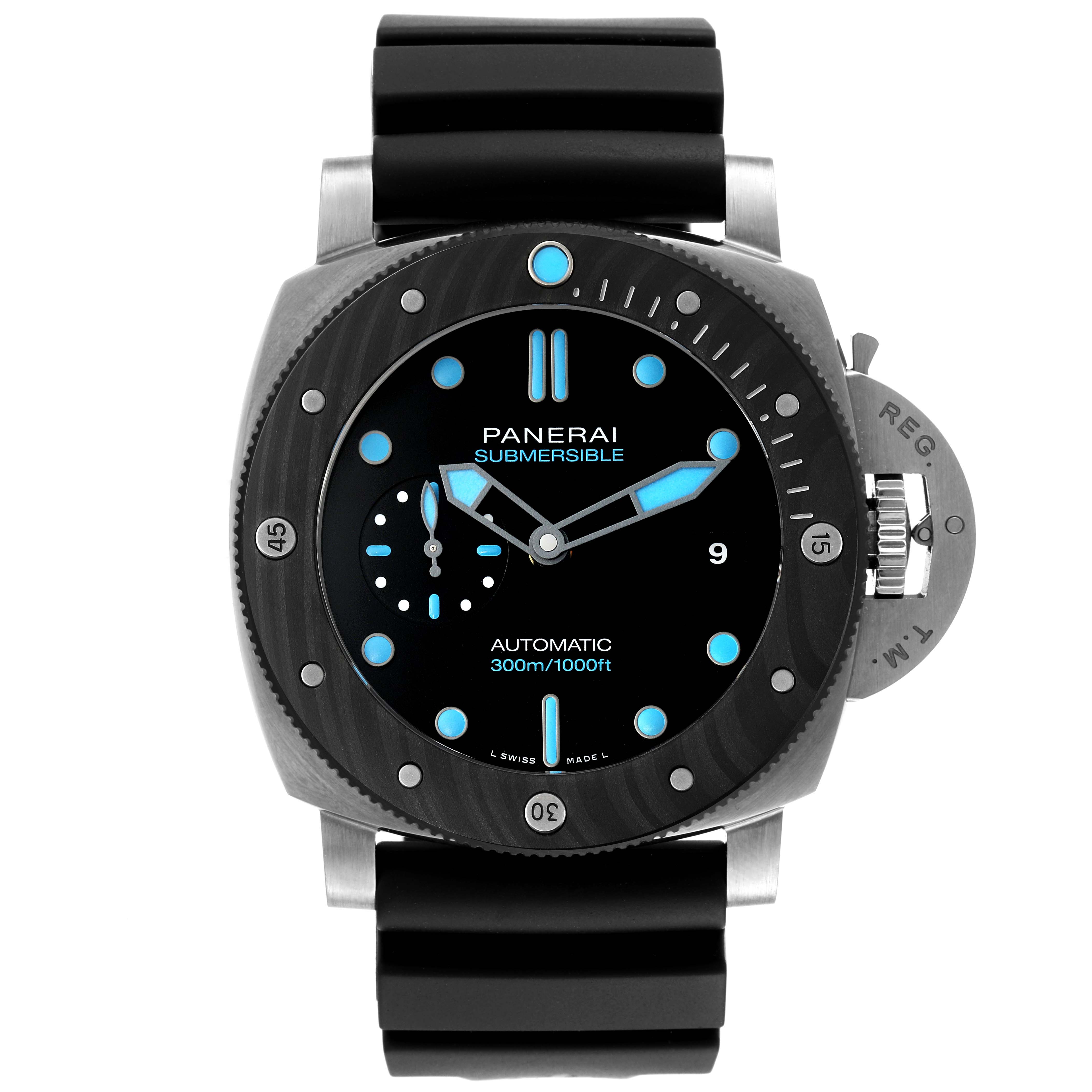 This Panerai Submersible PAM00799 Men's Stainless Steel Black Dial PAM00799 Men's Stainless Steel Black Dial watch is shown from a front angle, displaying its face, bezel, crown guard, and strap.