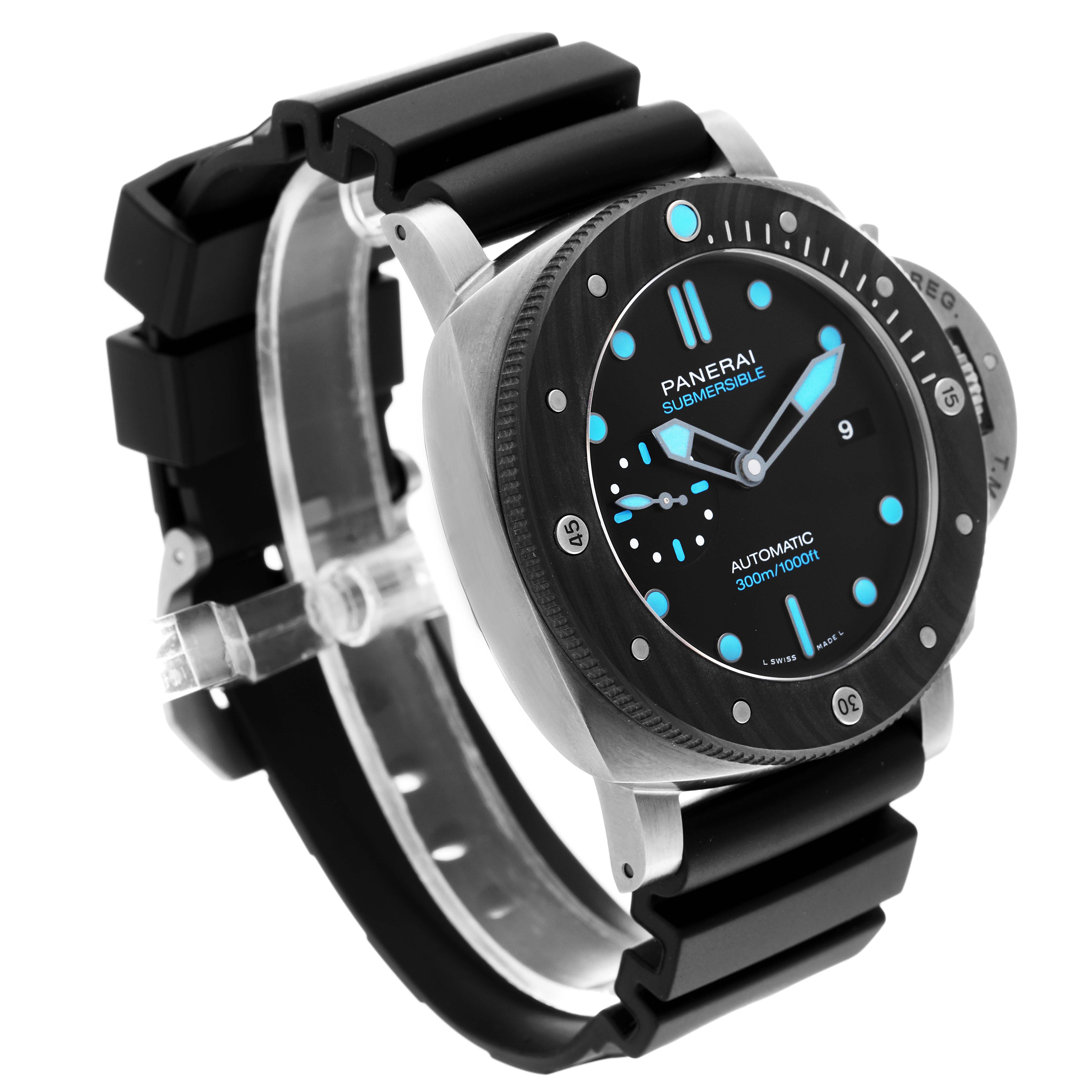 This image shows the Panerai Submersible PAM00799 Men's Stainless Steel Black Dial PAM00799 Men's Stainless Steel Black Dial model watch from a front-left angle, highlighting its bezel, dial, and strap.