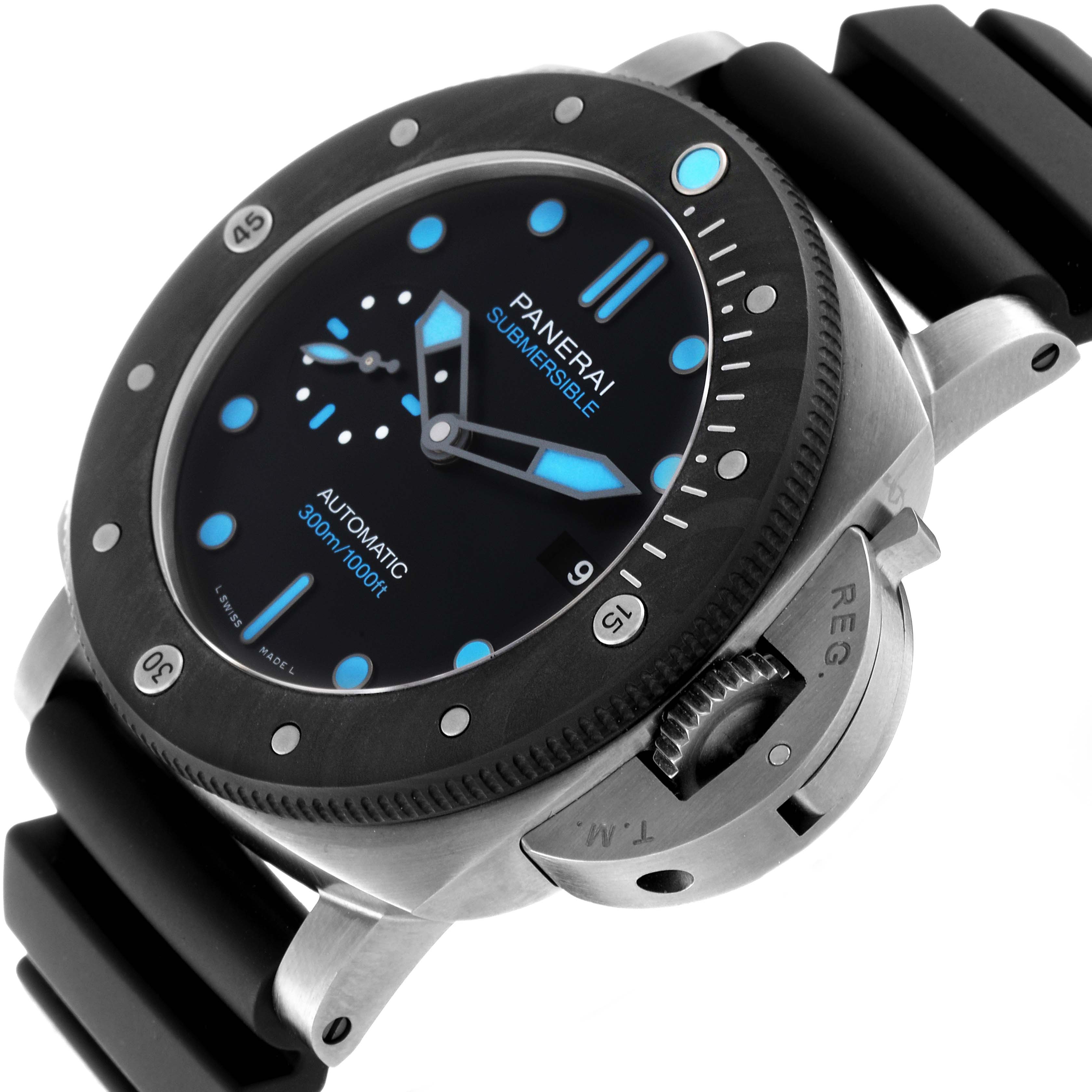 The Panerai Submersible PAM00799 Men's Stainless Steel Black Dial PAM00799 Men's Stainless Steel Black Dial watch is shown at an angle focusing on the bezel, dial, crown guard, and part of the strap.