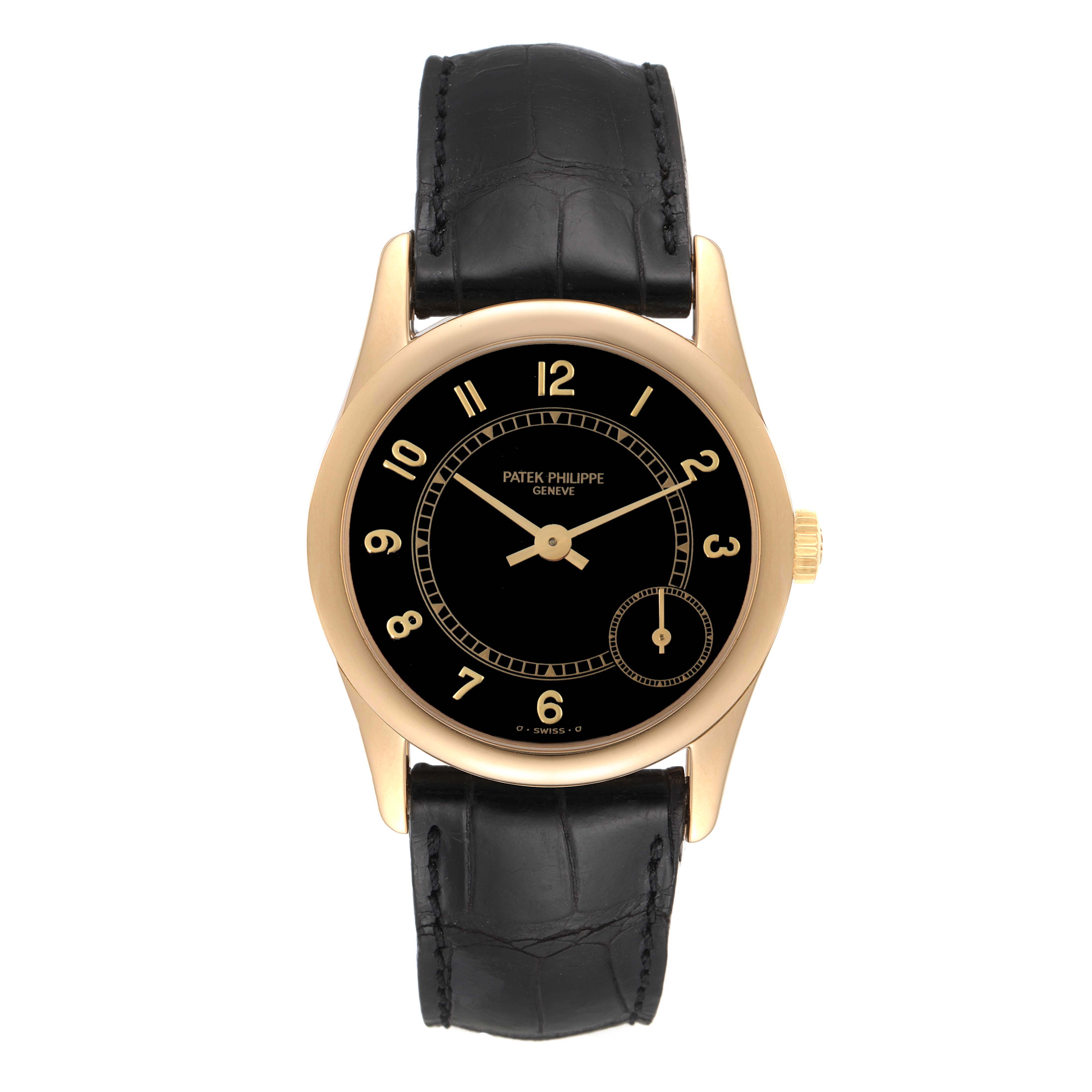 The image shows a front view of a Patek Philippe Calatrava 5000J Men's Yellow Gold Black Dial 5000J Men's Yellow Gold Black Dial watch, highlighting its black dial, gold case, and black leather strap.