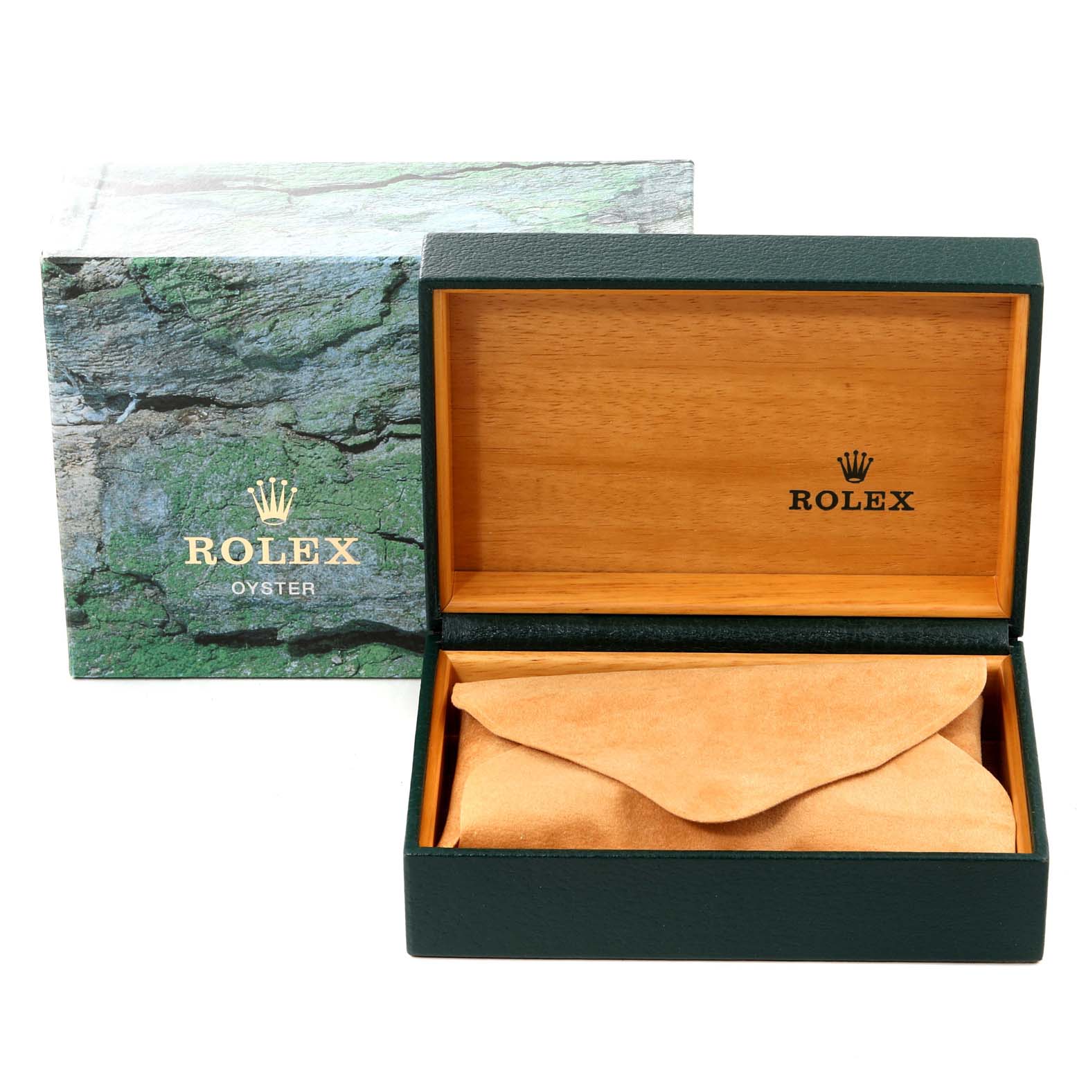 The image shows an open Rolex Air-King 14000 Men's Stainless Steel Black Dial 14000 Men's Stainless Steel Black Dial watch box with an outer box and a suede pouch inside.