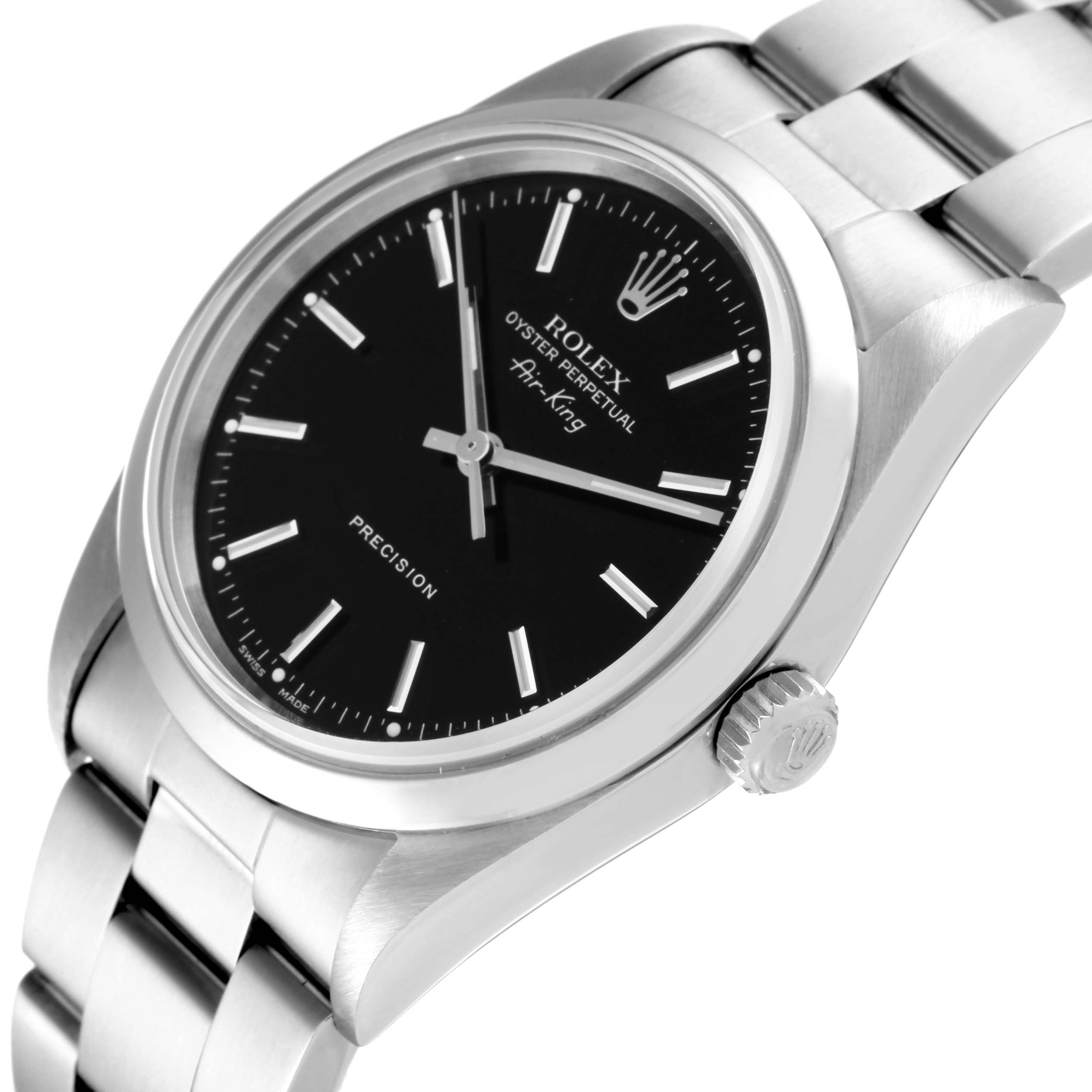 The image shows a close-up angled view of the Rolex Air-King 14000 Men's Stainless Steel Black Dial 14000 Men's Stainless Steel Black Dial watch, highlighting the black dial, bezel, and bracelet.