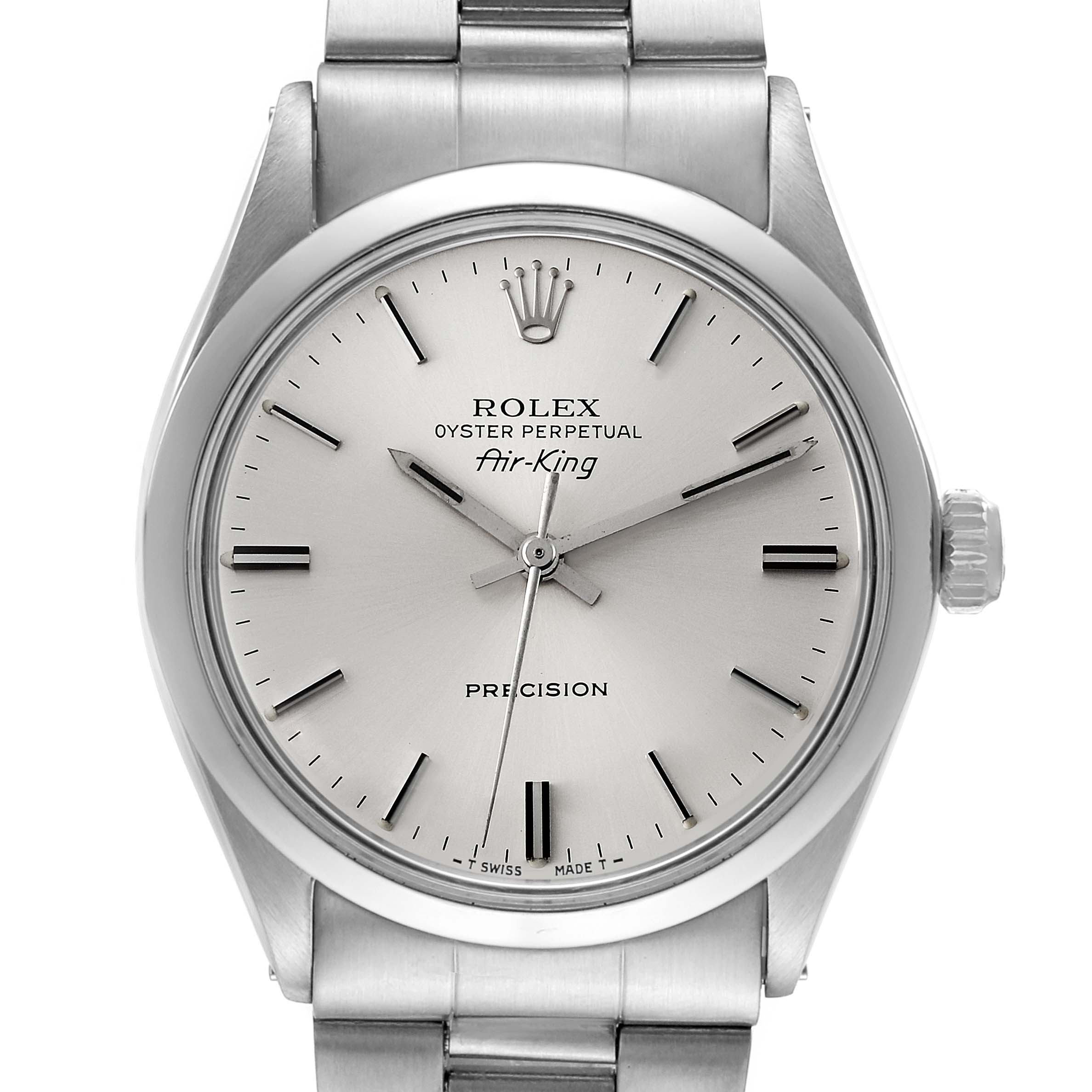 This Rolex Vintage Collection 5500 Men's Stainless Steel Silver Dial 5500 Men's Stainless Steel Silver Dial Air-King watch is shown from a front angle, displaying the dial, hands, crown, and part of the bracelet.