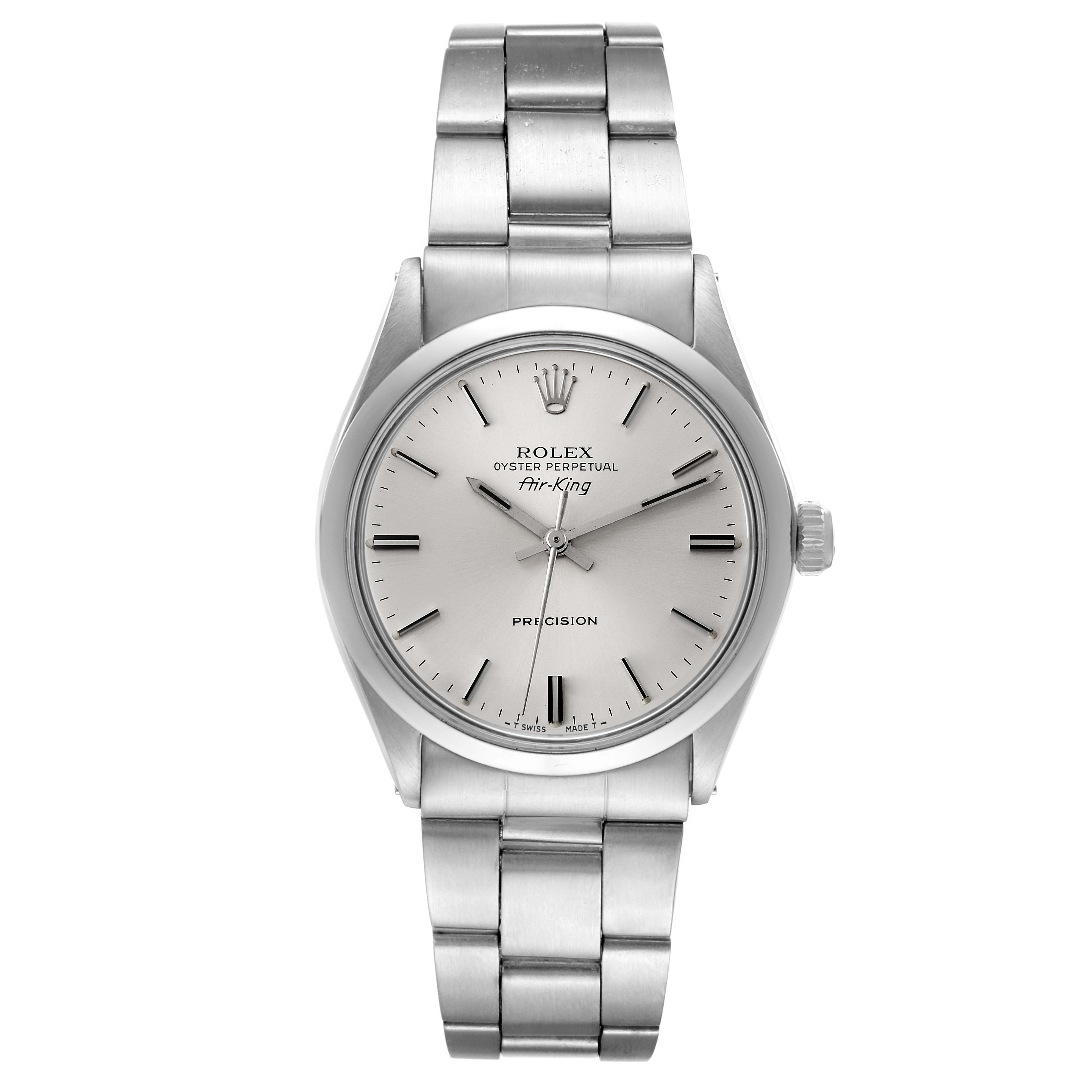 The image shows a front view of a Rolex Vintage Collection 5500 Men's Stainless Steel Silver Dial 5500 Men's Stainless Steel Silver Dial model Air-King watch, displaying its face, bezel, and bracelet.