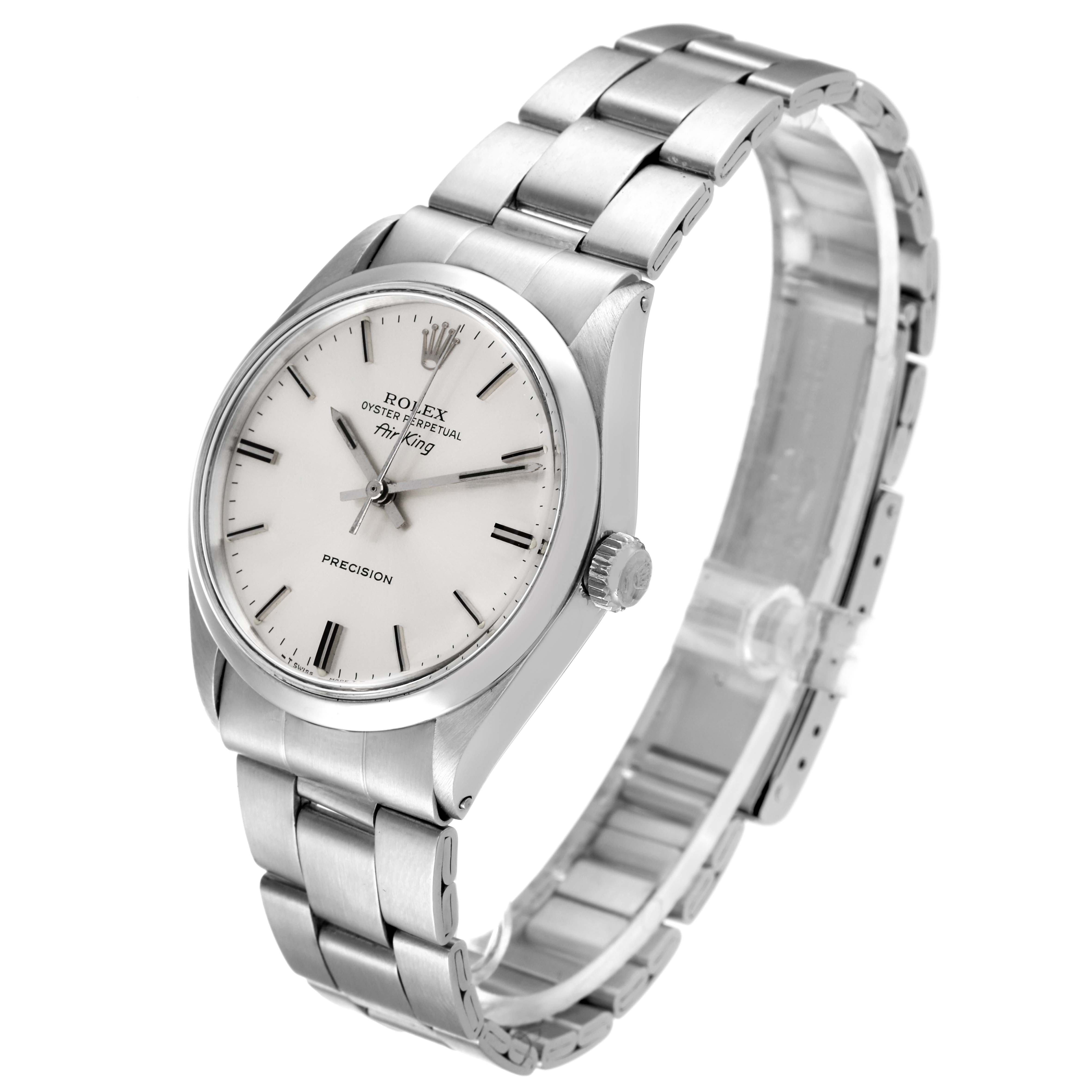 The image shows a Rolex Vintage Collection 5500 Men's Stainless Steel Silver Dial 5500 Men's Stainless Steel Silver Dial watch from an angled side and front view, displaying the dial, crown, and stainless steel bracelet.