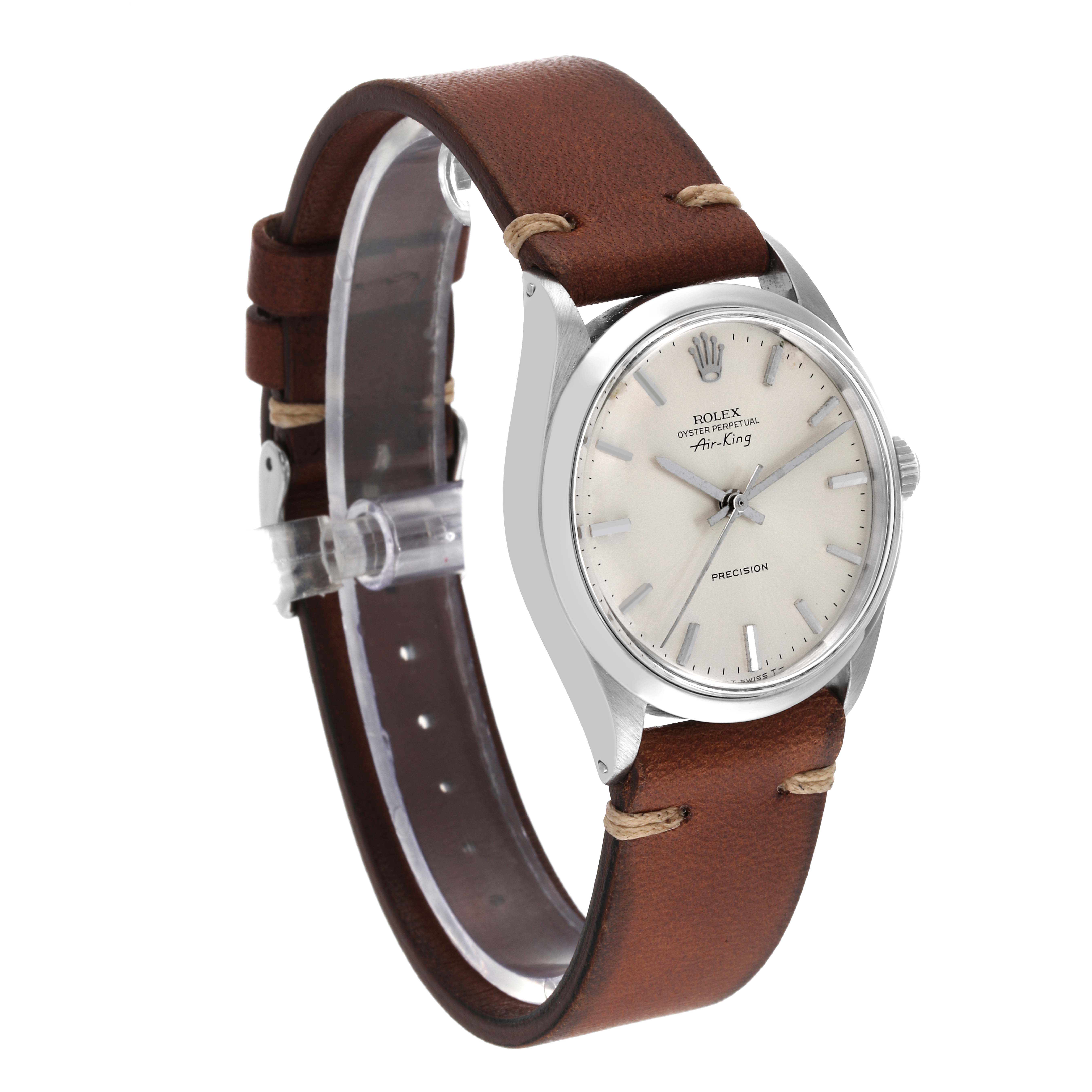 The Rolex Vintage Collection 5500 Men
s Stainless Steel Silver Dial 5500 Men
s Stainless Steel Silver Dial watch is shown at a slight right angle, displaying its dial, case, and brown leather strap.