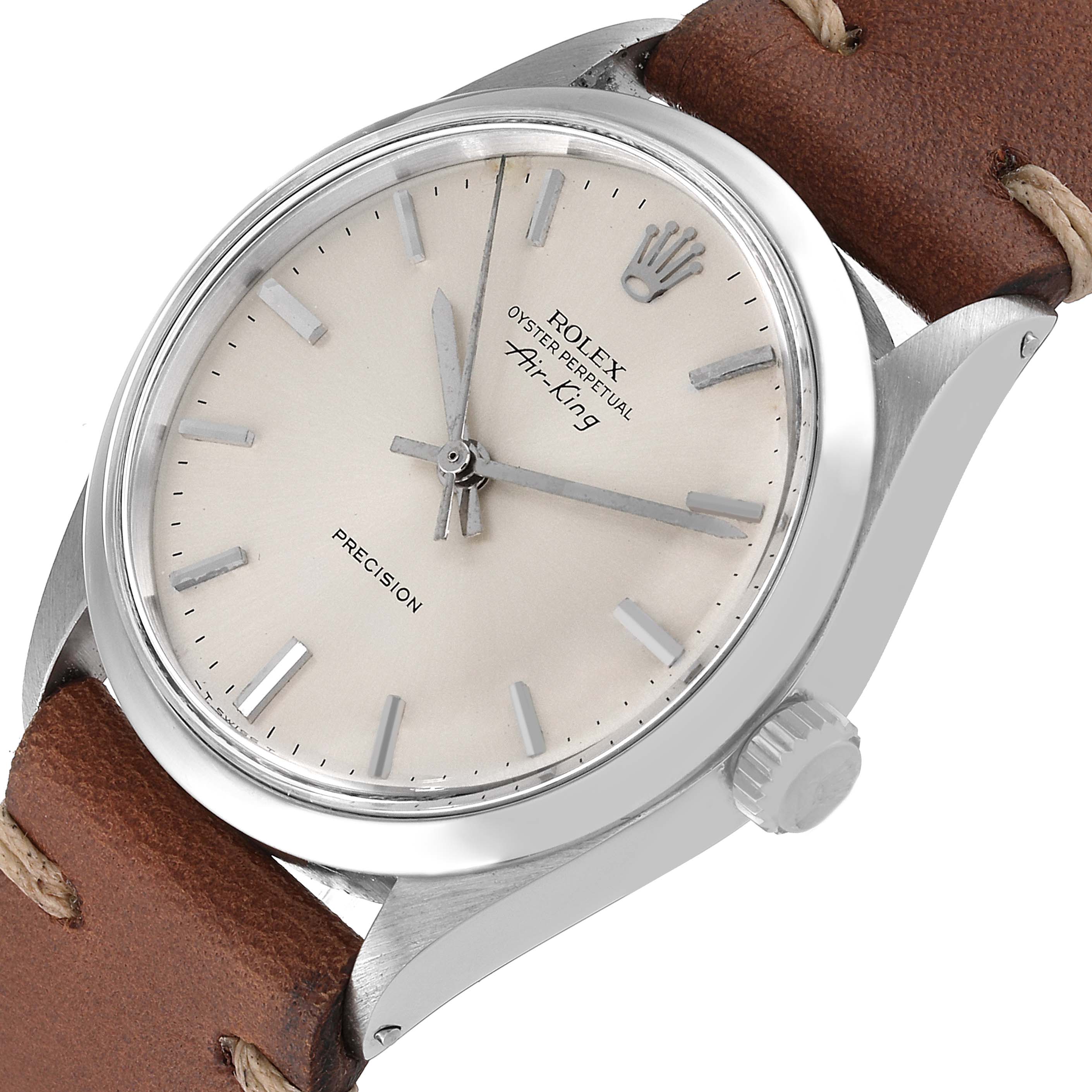 The Rolex Vintage Collection 5500 Men
s Stainless Steel Silver Dial 5500 Men
s Stainless Steel Silver Dial model watch is shown from an angled side view displaying the face, leather strap, and crown.