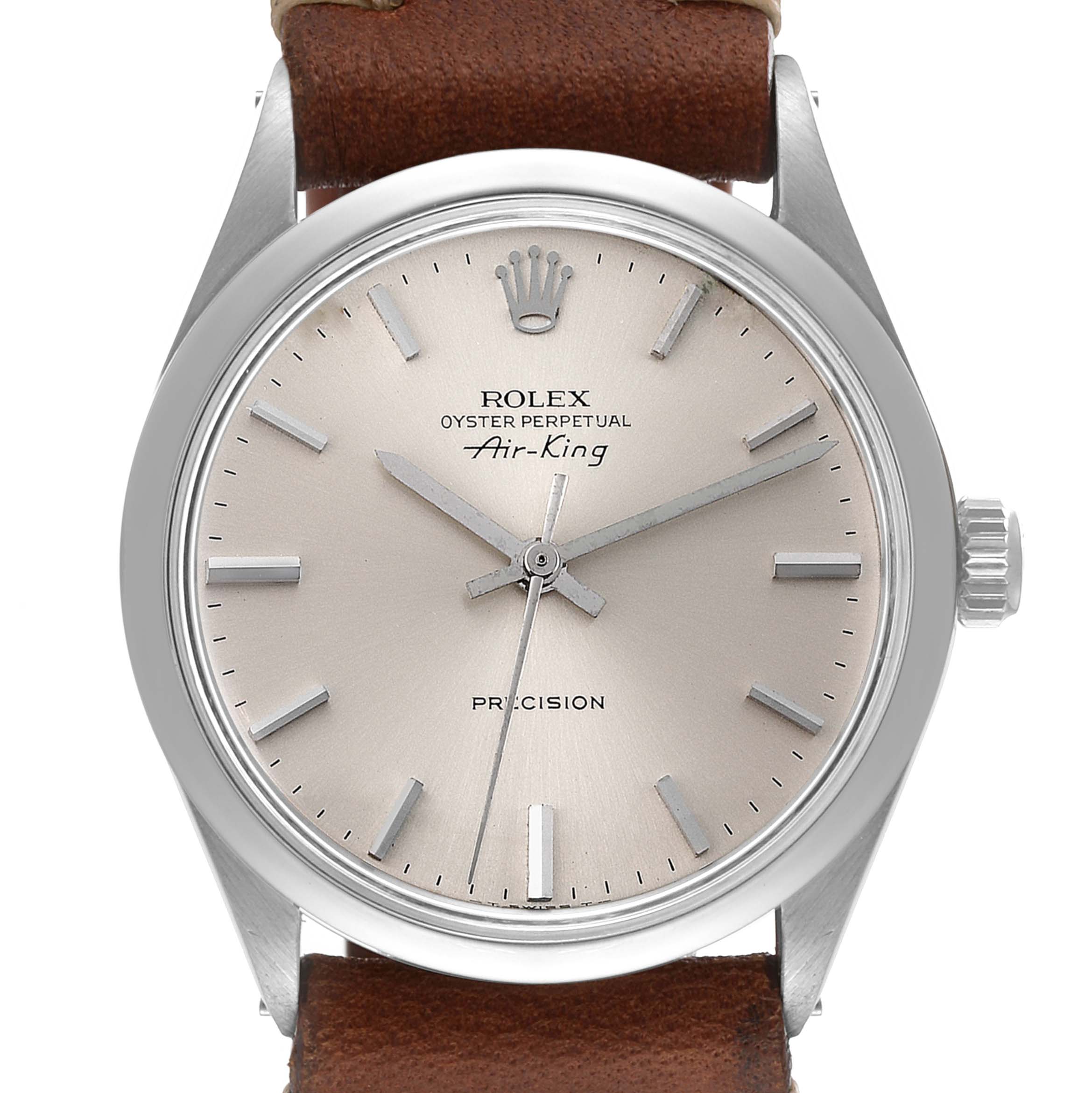 The image shows a front view of the Rolex Vintage Collection 5500 Men
s Stainless Steel Silver Dial 5500 Men
s Stainless Steel Silver Dial Air-King watch, highlighting the dial, bezel, crown, and part of the leather strap.