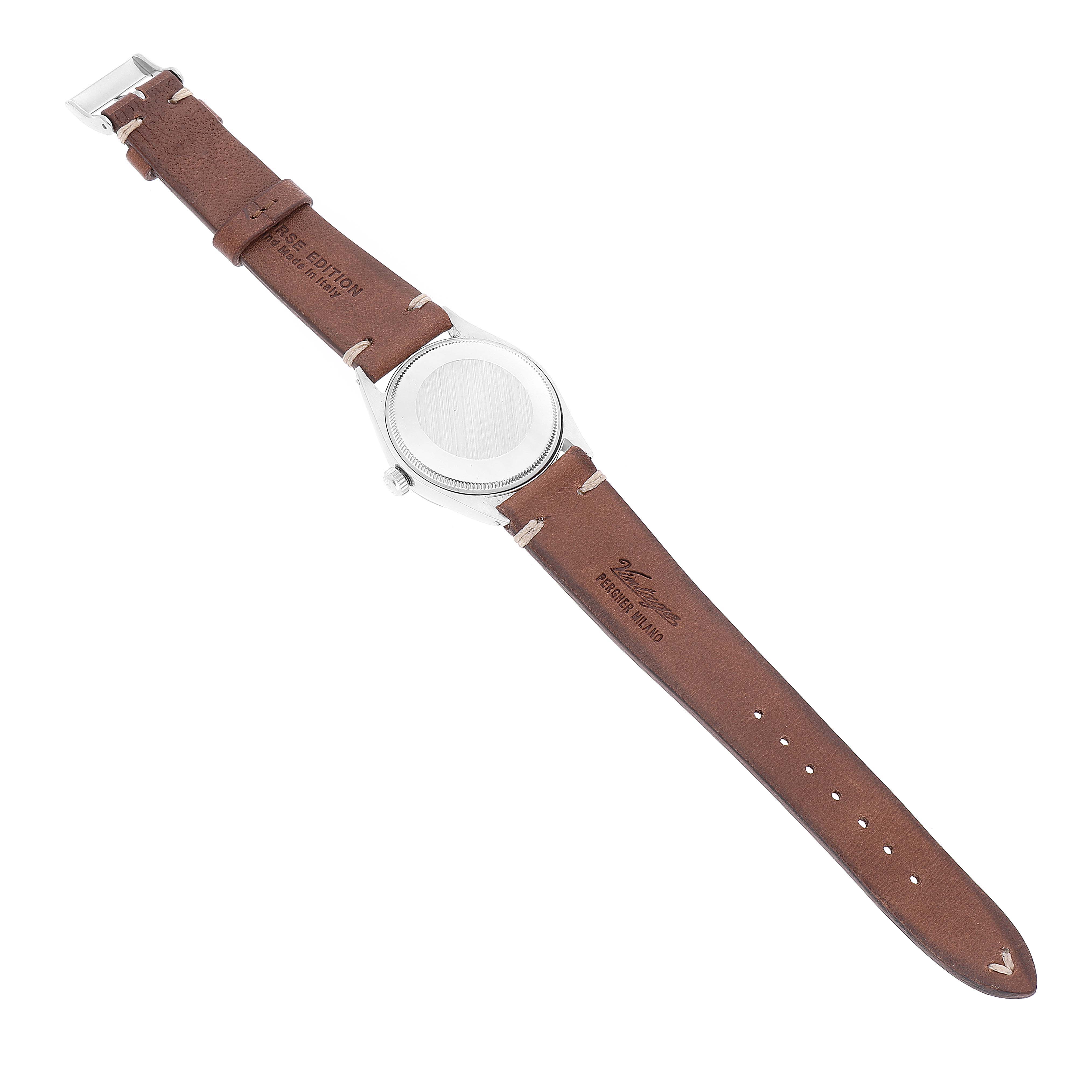 The image shows the back view of a Rolex Vintage Collection 5500 Men
s Stainless Steel Silver Dial 5500 Men
s Stainless Steel Silver Dial watch with a brown leather strap.