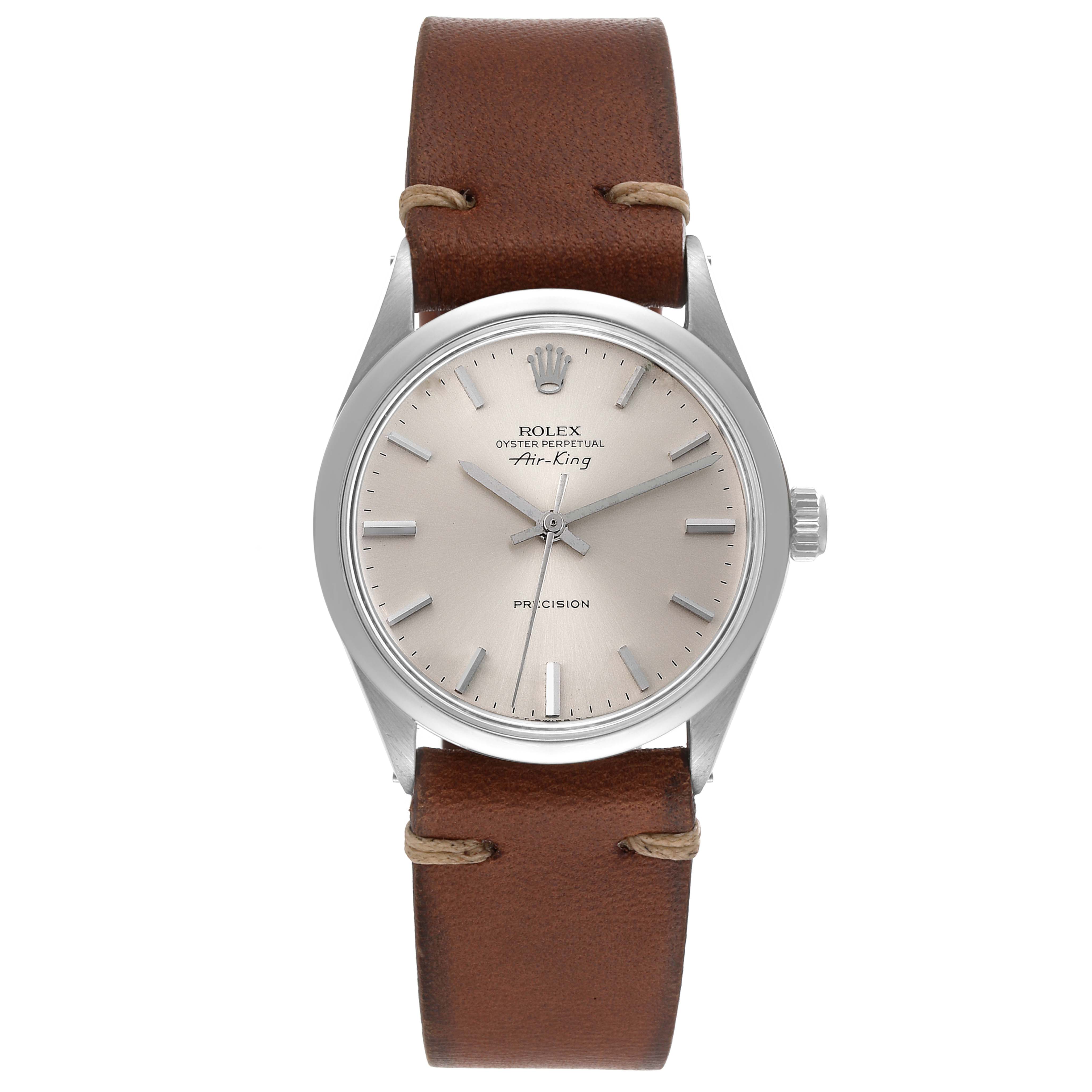 This image shows a front angle of the dial, bezel, and brown leather strap of the Rolex Vintage Collection 5500 Men
s Stainless Steel Silver Dial 5500 Men
s Stainless Steel Silver Dial Air-King watch.