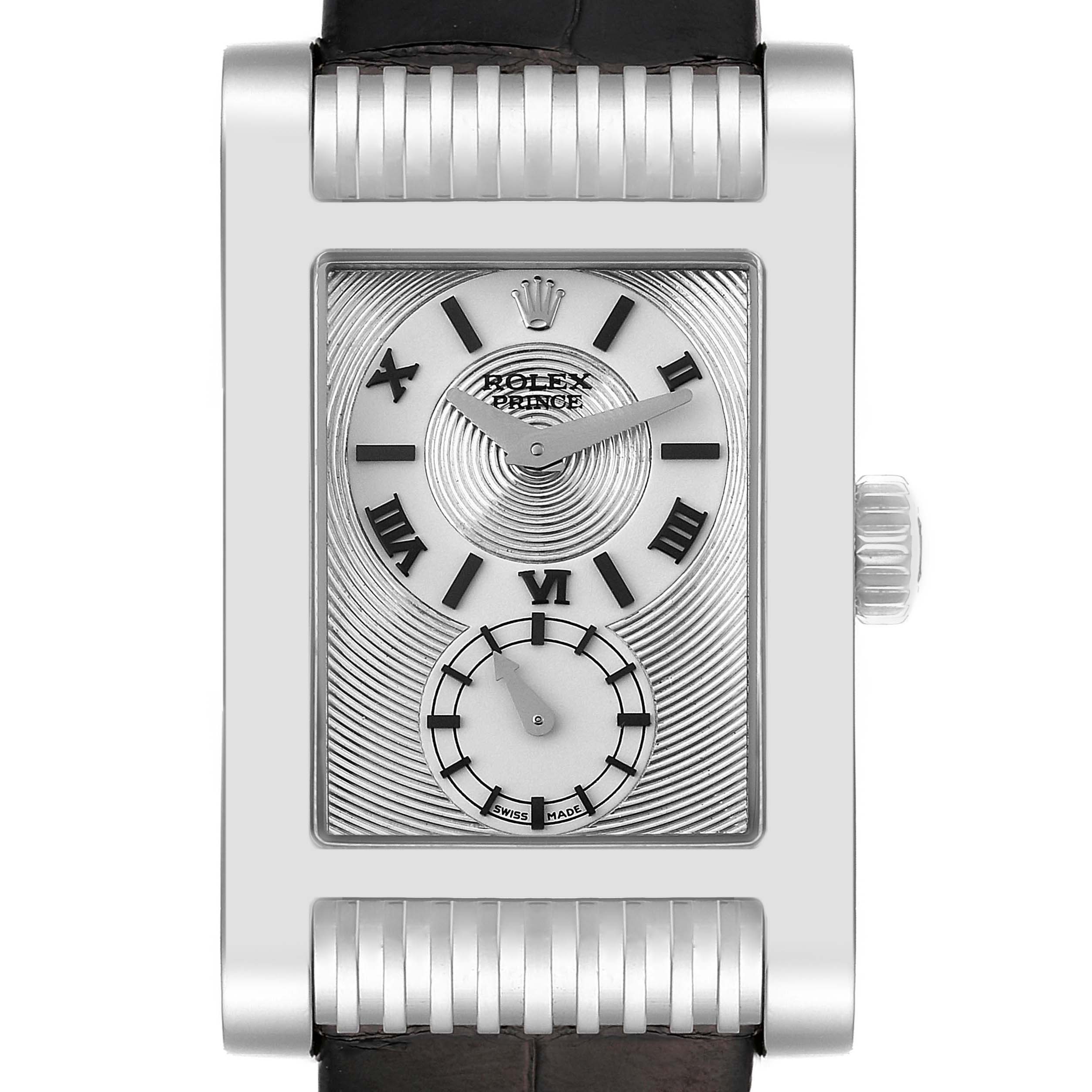 The image shows a frontal view of the Rolex Cellini 5441 Men
s White Gold Silver Dial 5441 Men
s White Gold Silver Dial Prince model
s dial and part of its black strap.