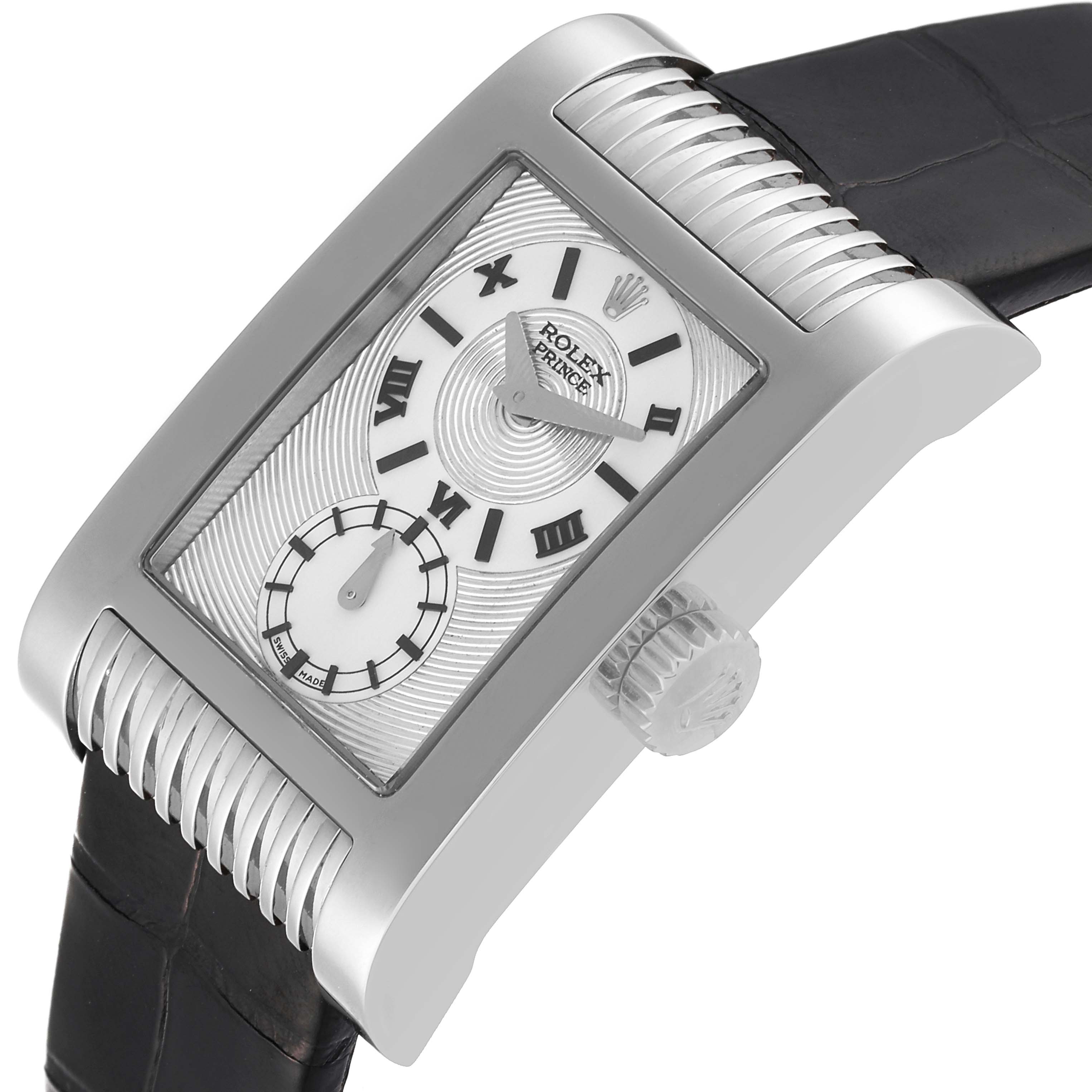 The image shows a close-up, angled view of the Rolex Cellini 5441 Men
s White Gold Silver Dial 5441 Men
s White Gold Silver Dial watch, highlighting the case, dial, crown, and strap.