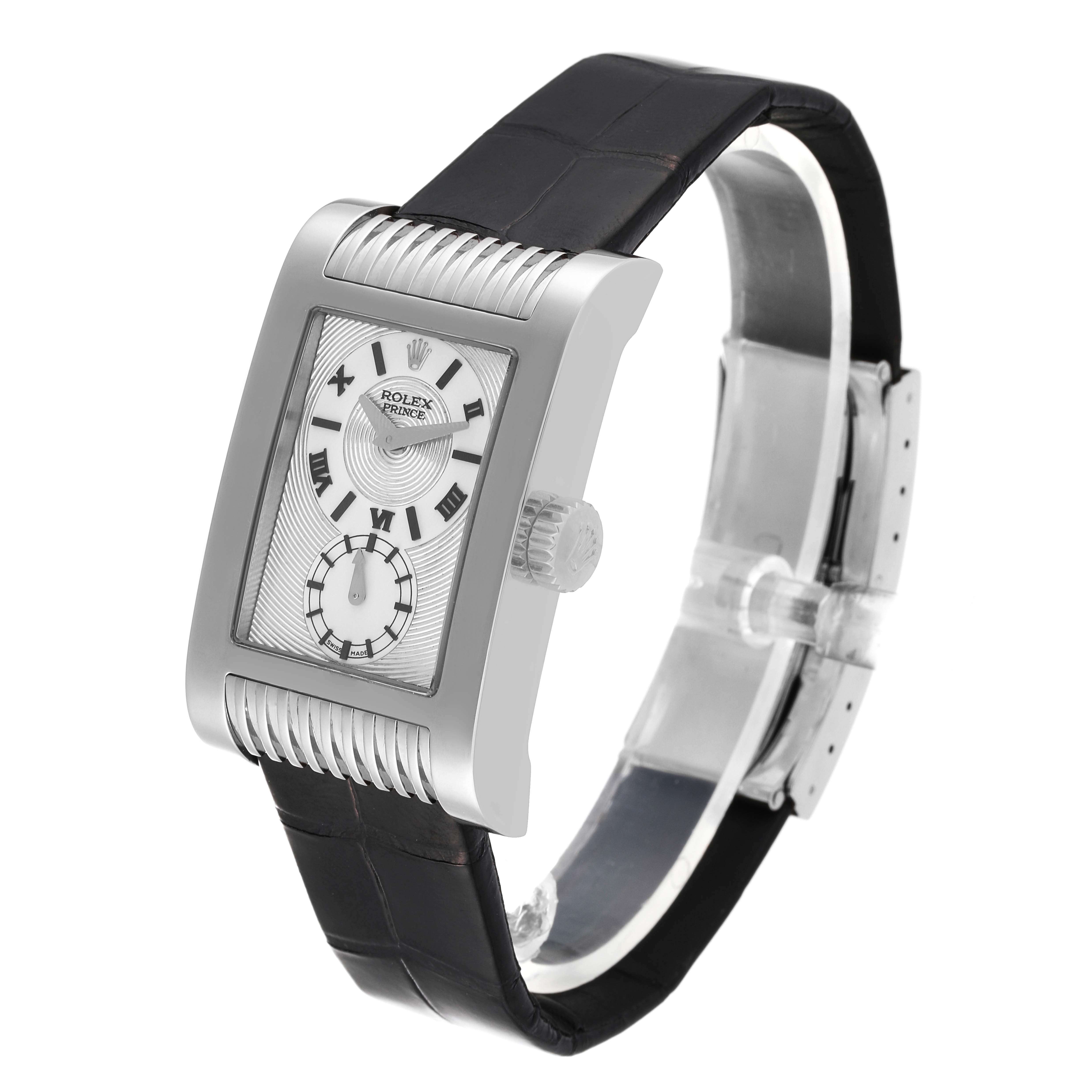 The Rolex Cellini 5441 Men
s White Gold Silver Dial 5441 Men
s White Gold Silver Dial watch is shown at a 3/4 angle, highlighting its rectangular face, crown, and leather strap.