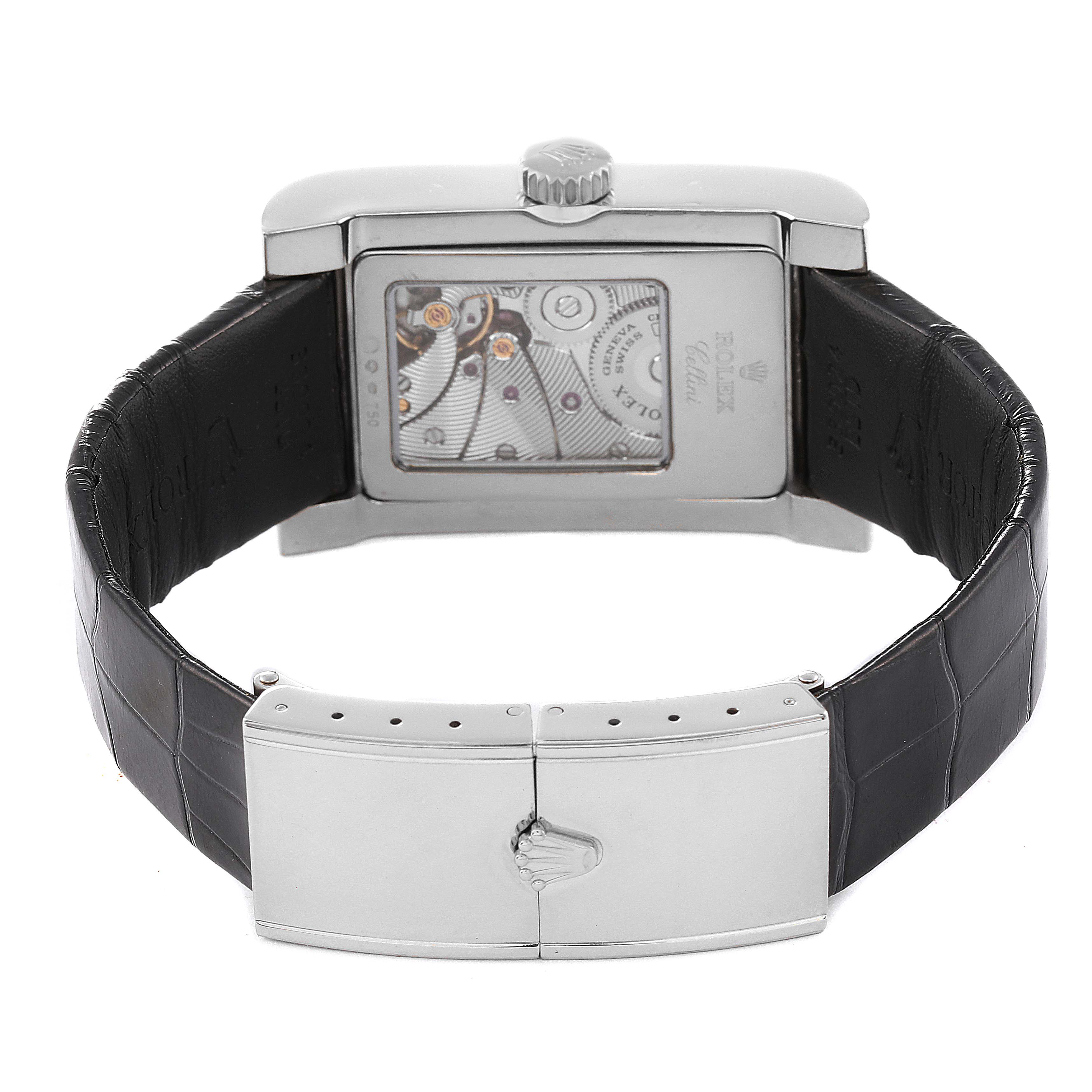 The image shows the back view of a Rolex Cellini 5441 Men
s White Gold Silver Dial 5441 Men
s White Gold Silver Dial model watch, focusing on the case back, leather strap, and clasp.