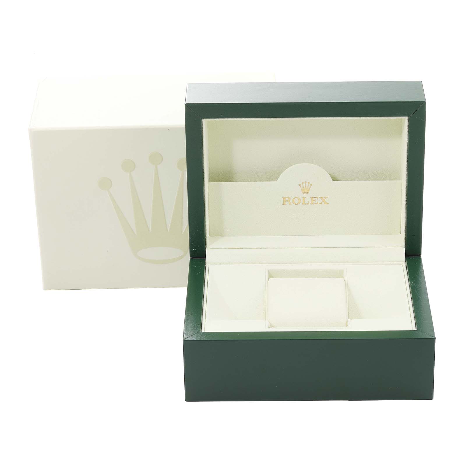The image shows an open green and white Rolex box for the Cellini model, with the Rolex logo inside the lid.