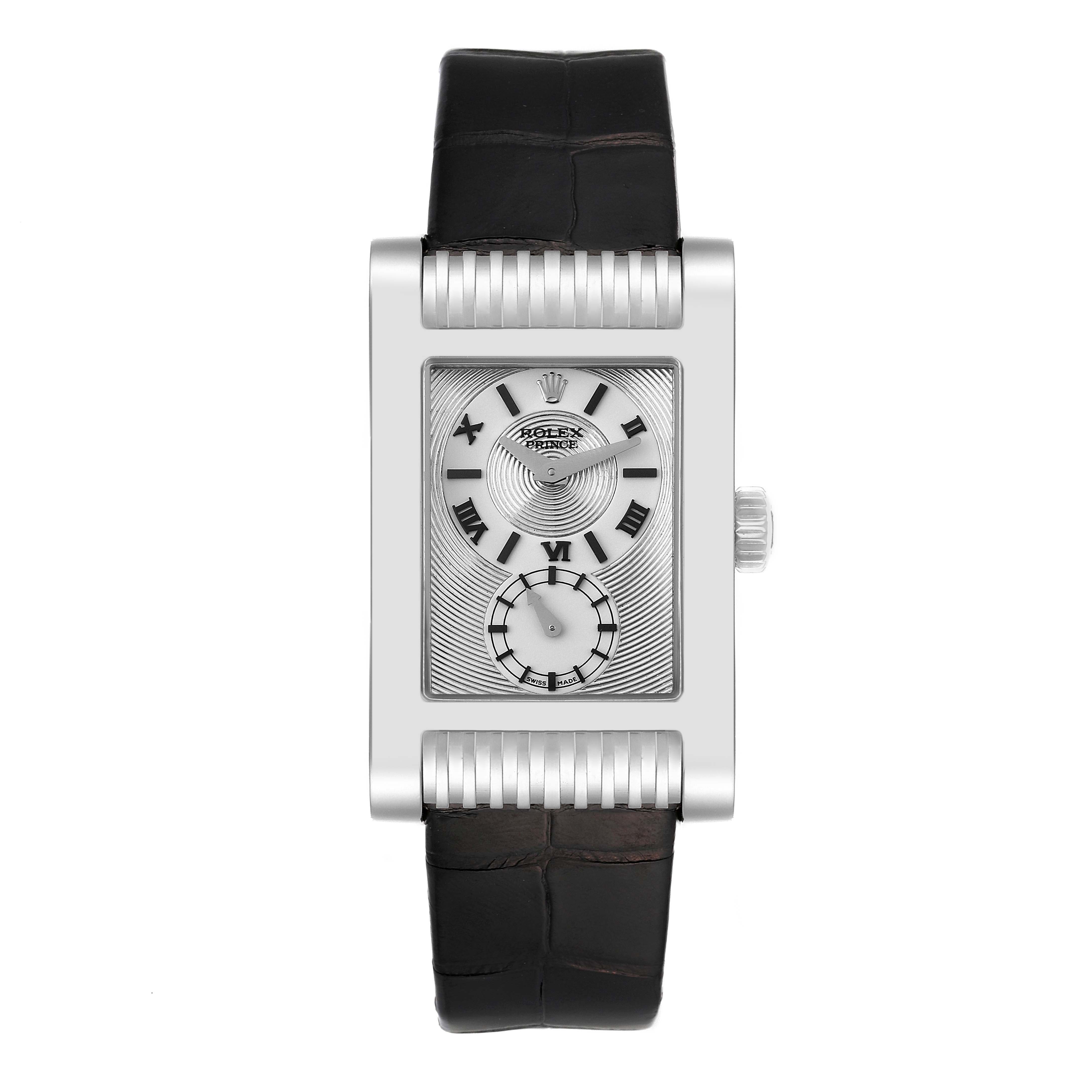 The image shows a front view of a Rolex Cellini 5441 Men
s White Gold Silver Dial 5441 Men
s White Gold Silver Dial watch with its rectangular dial and black leather strap.