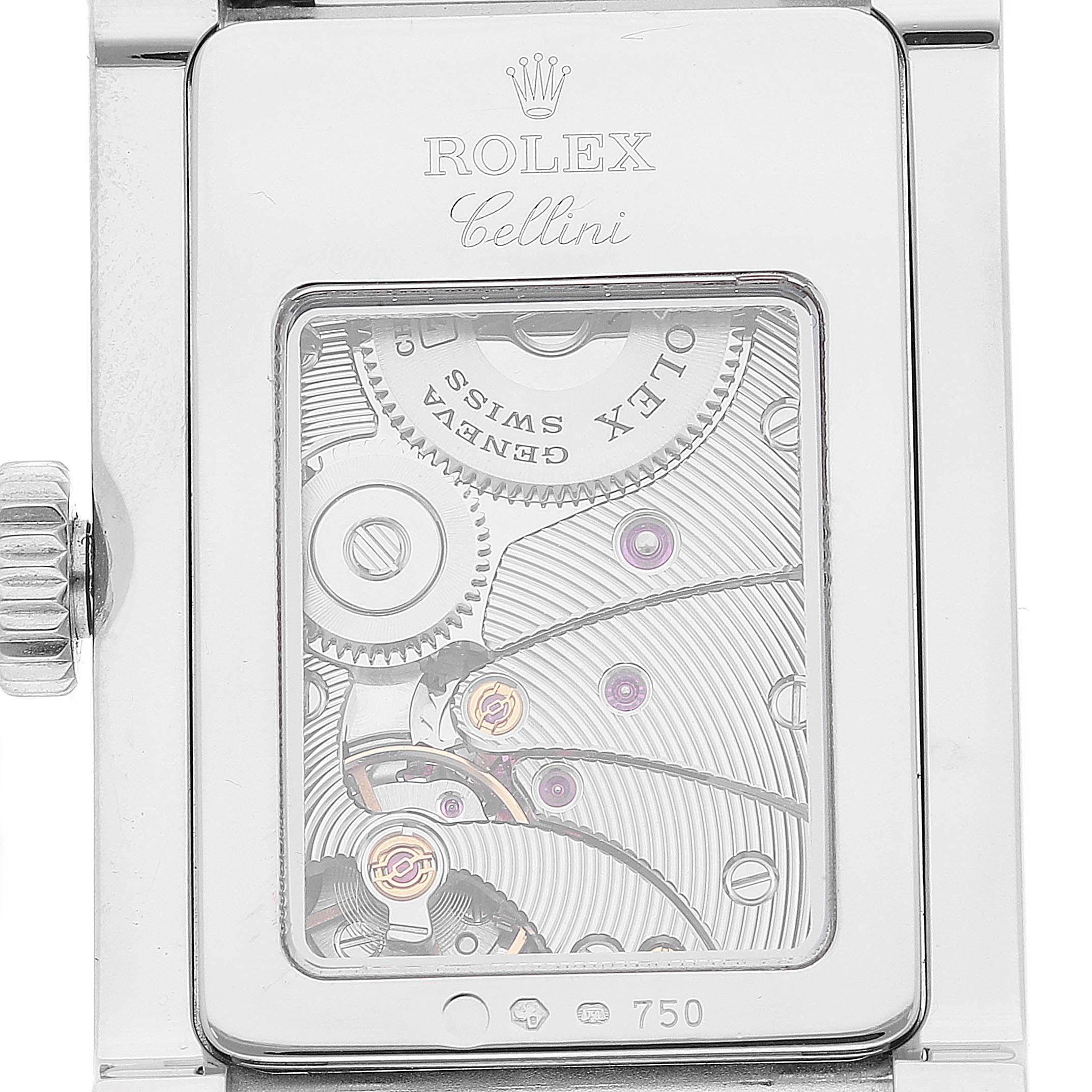 This image shows the case back (movement) and crown of a Rolex Cellini 5441 Men
s White Gold Silver Dial 5441 Men
s White Gold Silver Dial model watch from a rear angle.