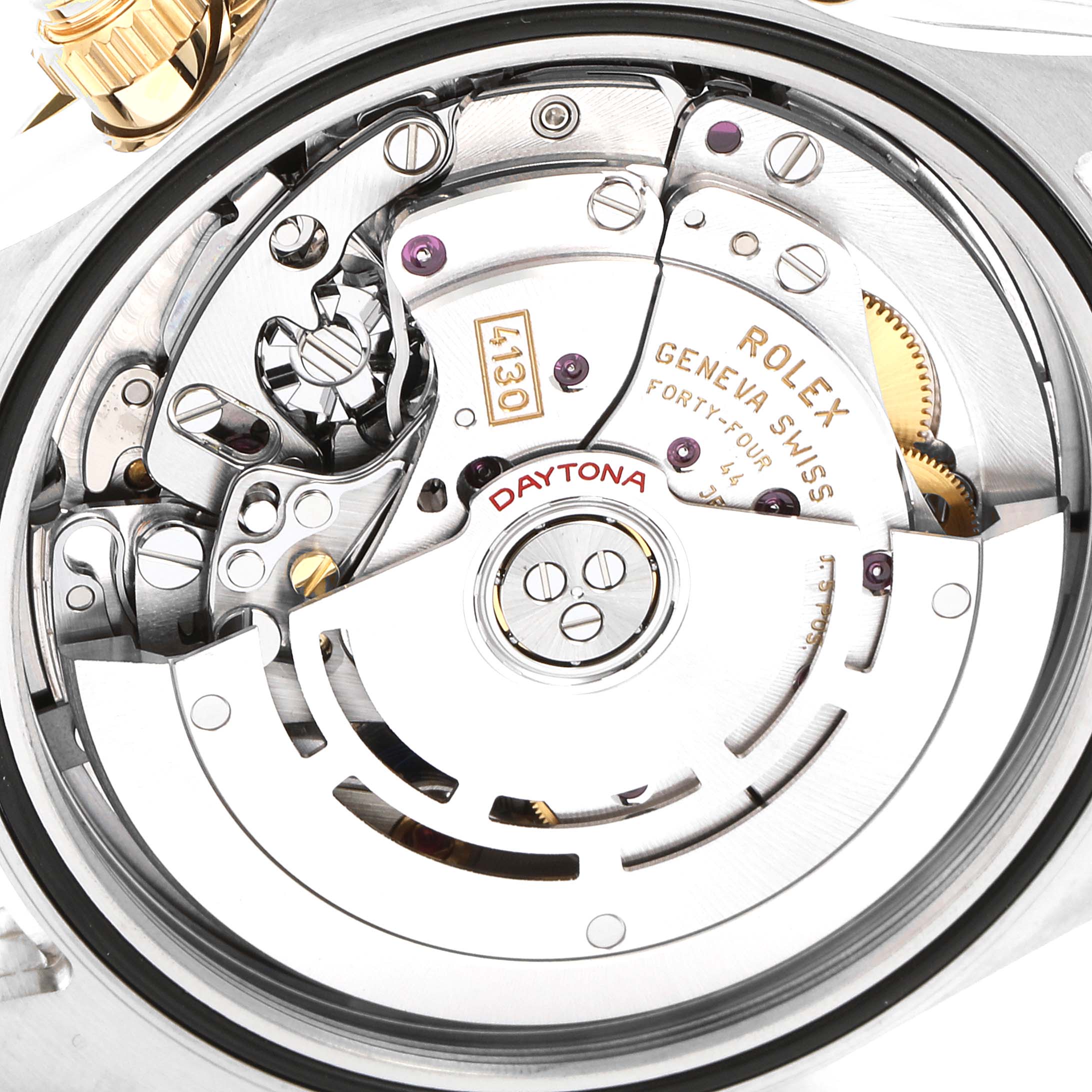 The image shows the intricate inner movement and mechanism of a Rolex Daytona 116503 Men's Steel and Gold (two tone) Black Dial 116503 Men's Steel and Gold (two tone) Black Dial watch model.