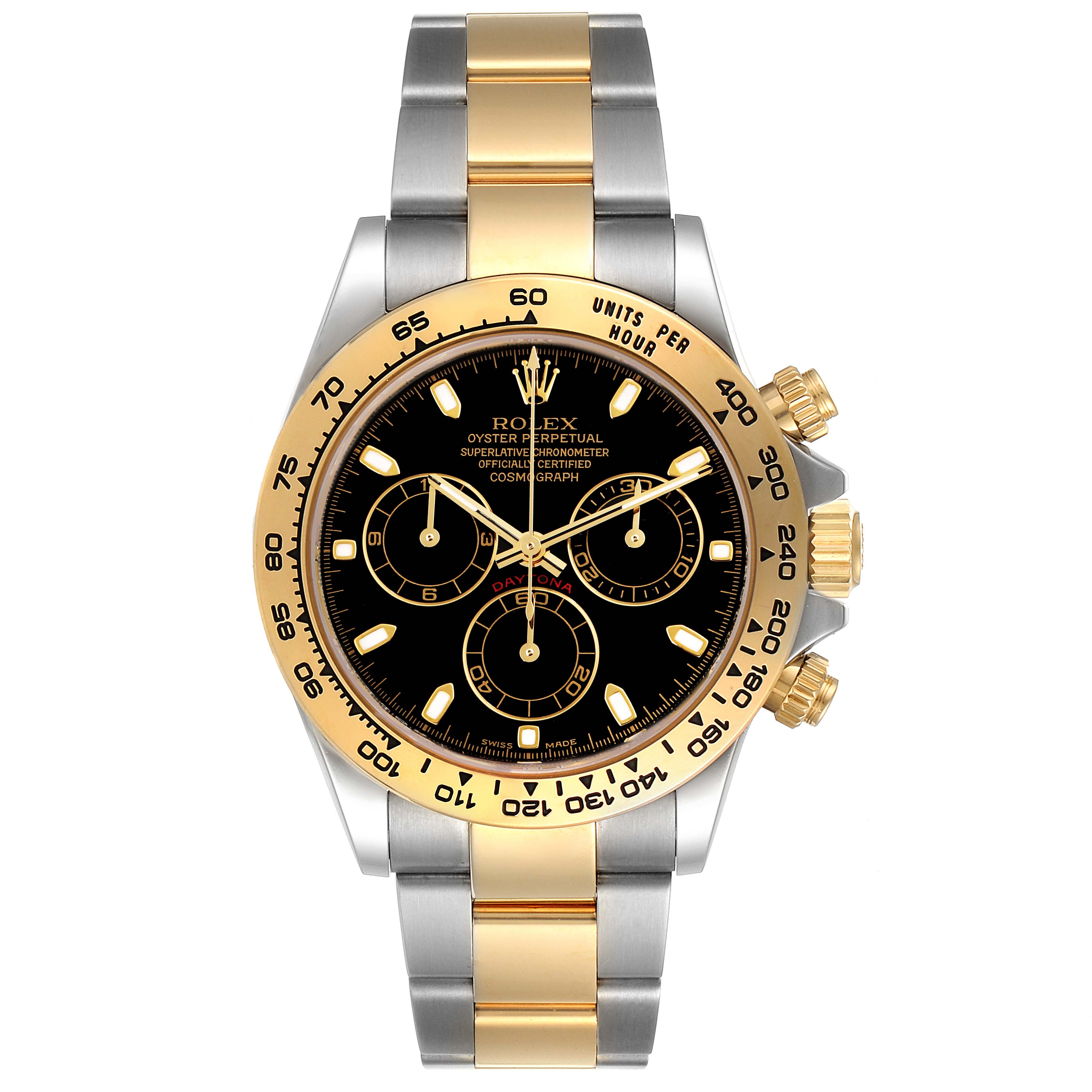 This image shows a front view of a Rolex Daytona 116503 Men's Steel and Gold (two tone) Black Dial 116503 Men's Steel and Gold (two tone) Black Dial watch, highlighting its gold and silver bracelet, black dial, and chronograph subdials.