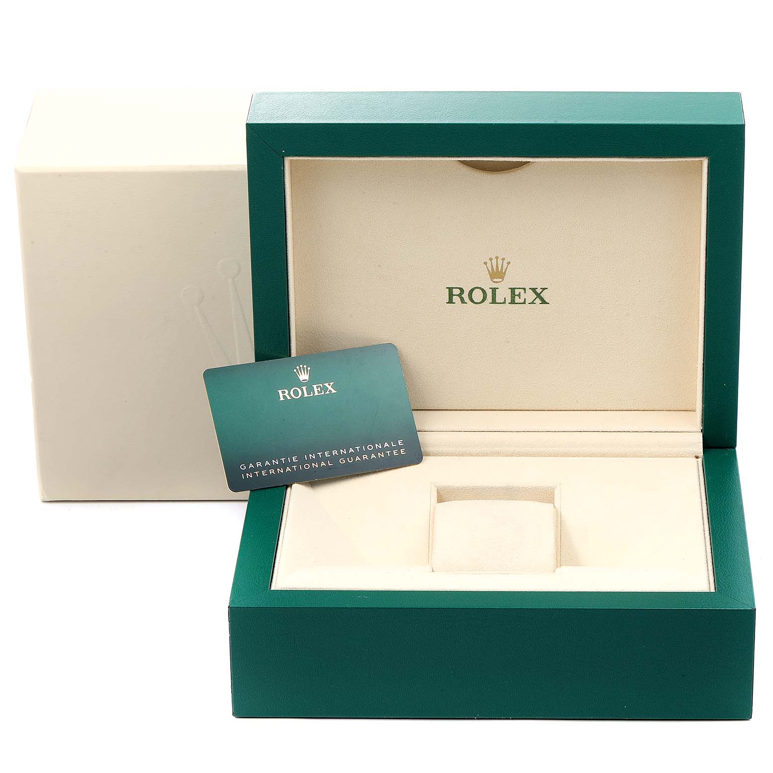 The image shows an empty Rolex Daytona 116503 Men's Steel and Gold (two tone) Black Dial 116503 Men's Steel and Gold (two tone) Black Dial watch box and an international guarantee card from a front angle.