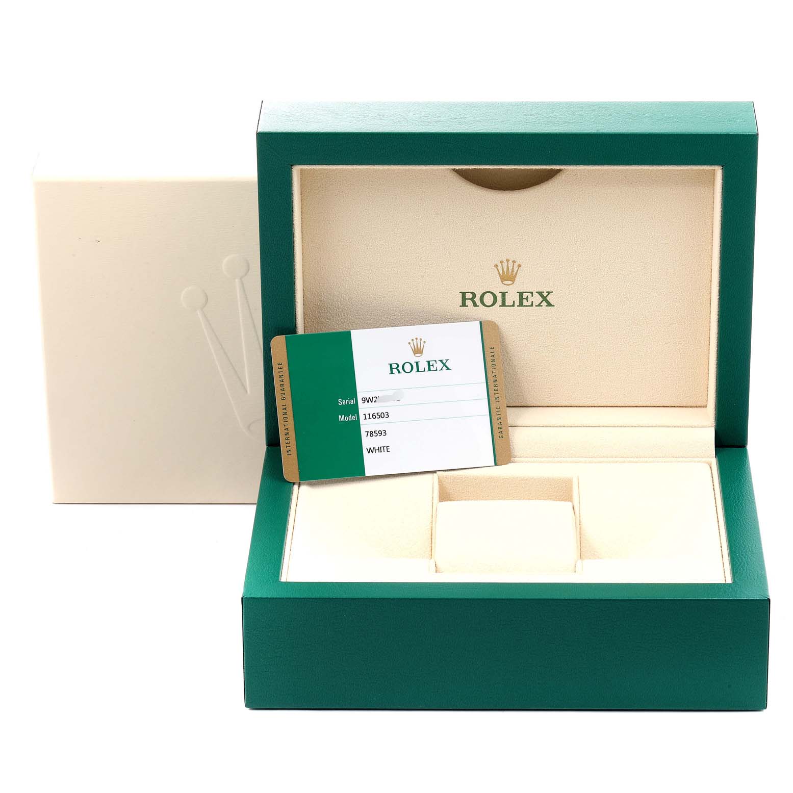 This image shows the Rolex Daytona 116503 Men's Steel and Gold (two tone) White Dial 116503 Men's Steel and Gold (two tone) White Dial watch packaging including a green watch box and the warranty card at an angle, with the cover opened.