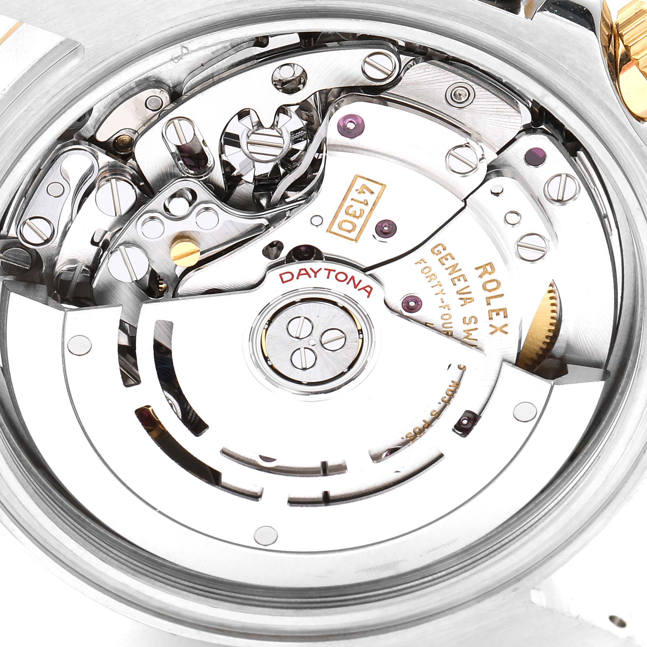 This image shows the back view of a Rolex Daytona 116503 Men's Steel and Gold (two tone) White Dial 116503 Men's Steel and Gold (two tone) White Dial watch, specifically highlighting its intricate internal mechanics.