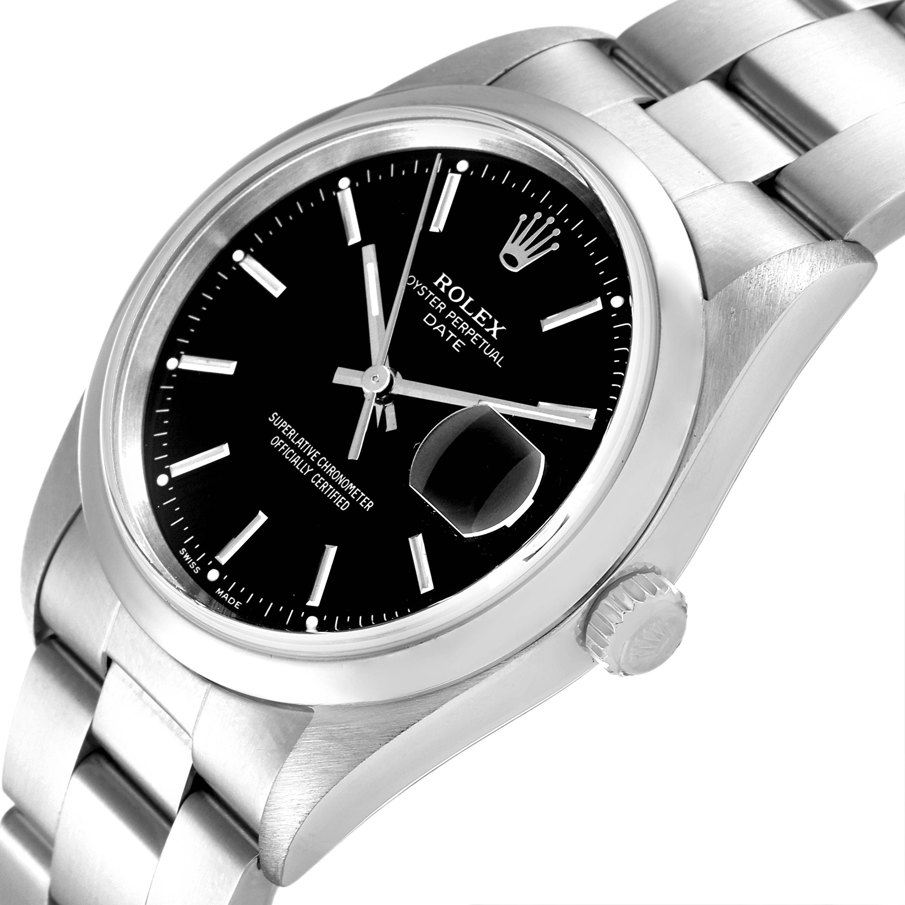 This image shows a close-up angle of the Rolex Date 15200 Men's Stainless Steel Black Dial 15200 Men's Stainless Steel Black Dial model, highlighting the black dial, date magnifier, bezel, and part of the bracelet.