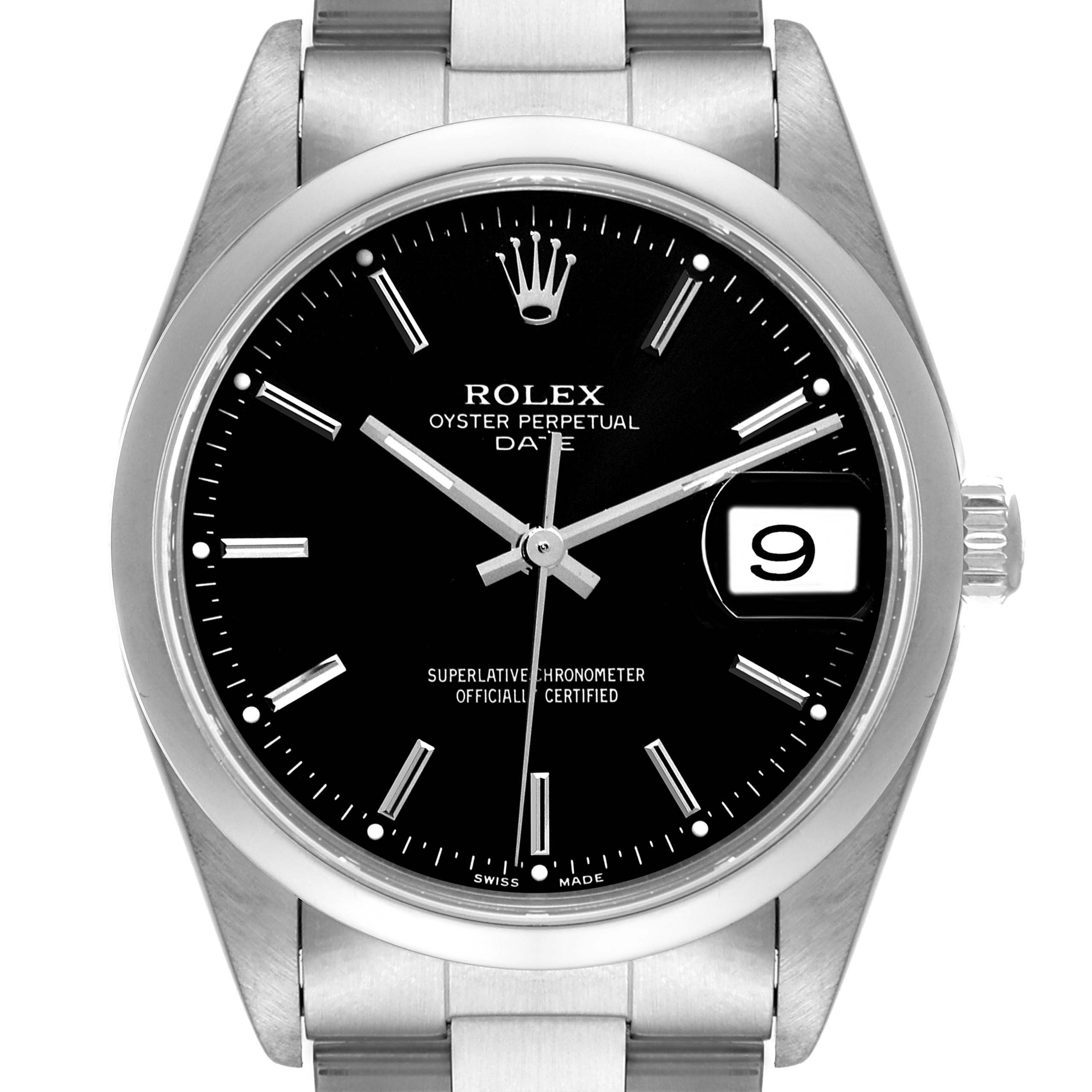 This image shows a front view of the Rolex Date 15200 Men's Stainless Steel Black Dial 15200 Men's Stainless Steel Black Dial model, featuring the black dial, date window, and bracelet.