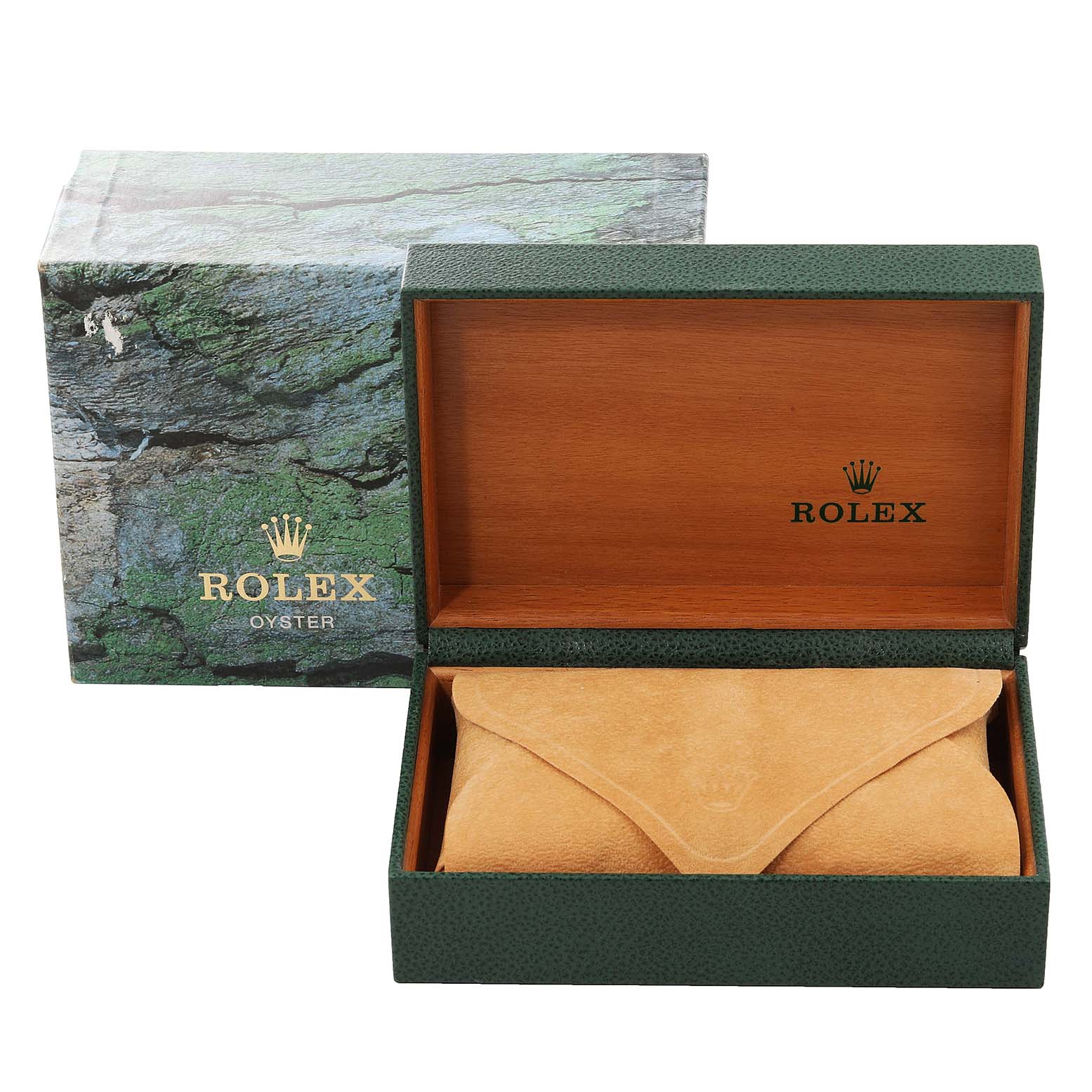 The image shows the packaging of a Rolex Date 15200 Men's Stainless Steel Black Dial 15200 Men's Stainless Steel Black Dial model, including a green outer box, a wooden inner box, and a suede pouch.