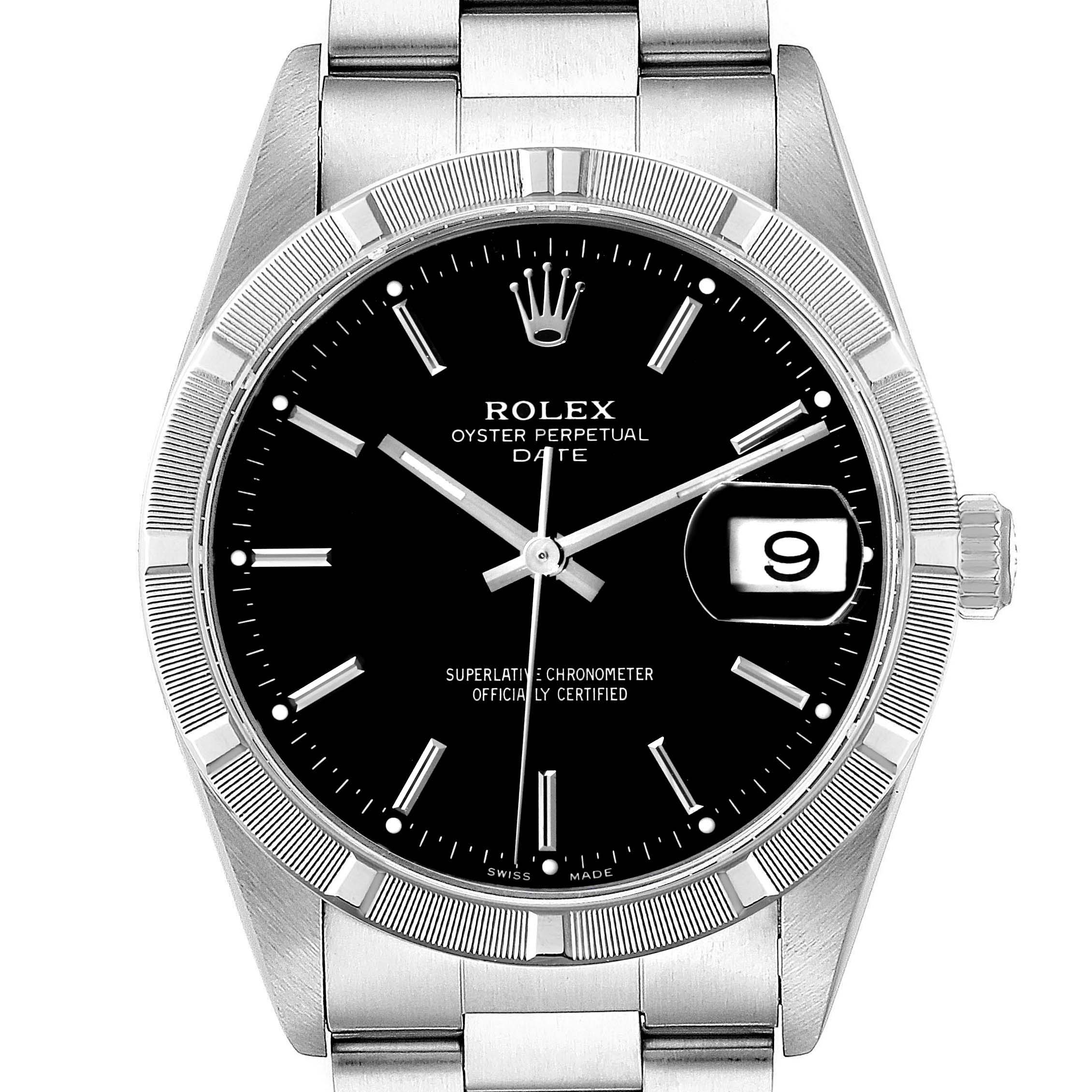 This image shows a frontal close-up view of a Rolex Date 15210 Men's Stainless Steel Black Dial 15210 Men's Stainless Steel Black Dial model watch, highlighting the dial, bezel, crown, and part of the bracelet.