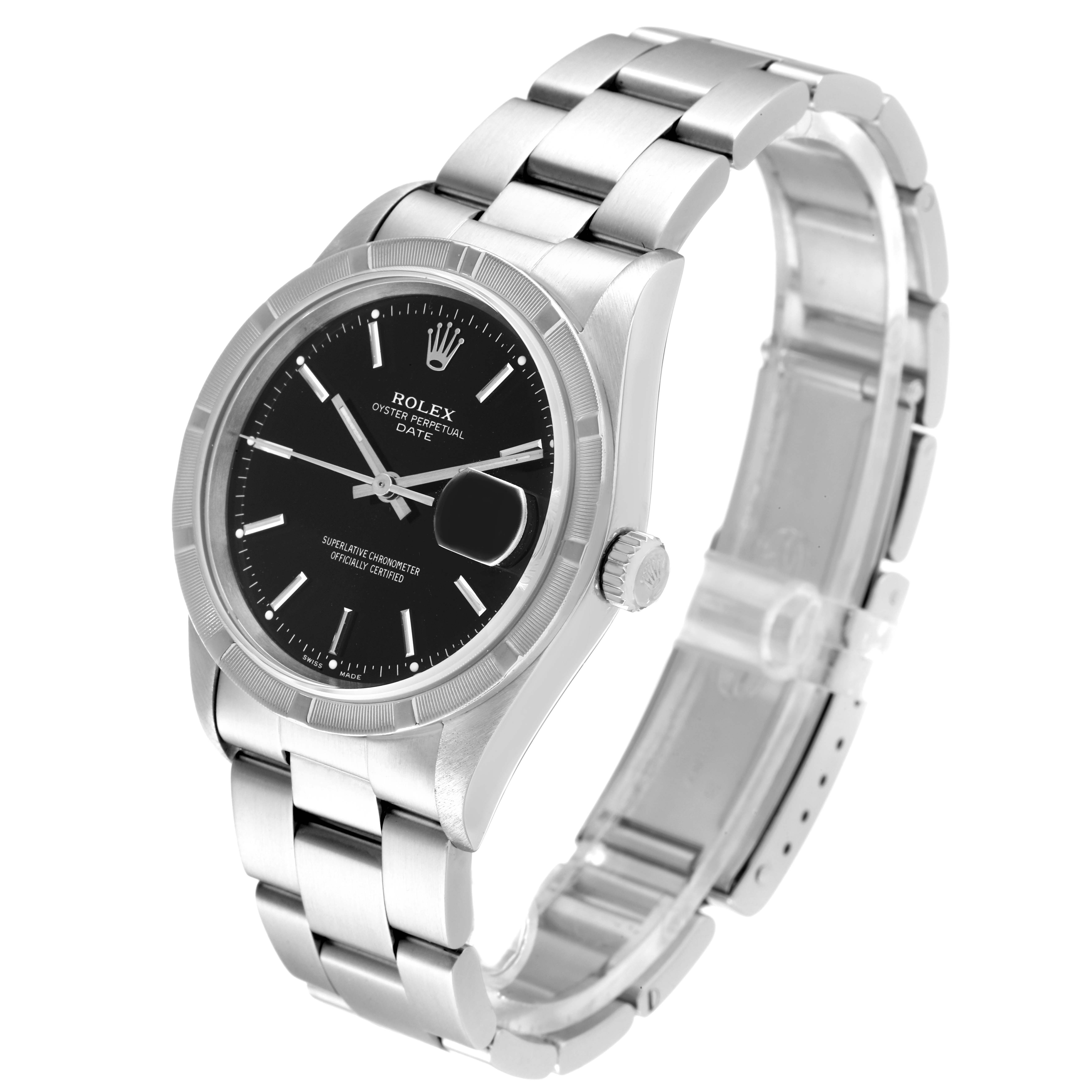 The image shows a Rolex Date 15210 Men's Stainless Steel Black Dial 15210 Men's Stainless Steel Black Dial model watch from an angled side view, highlighting the dial, bezel, crown, and stainless steel bracelet.