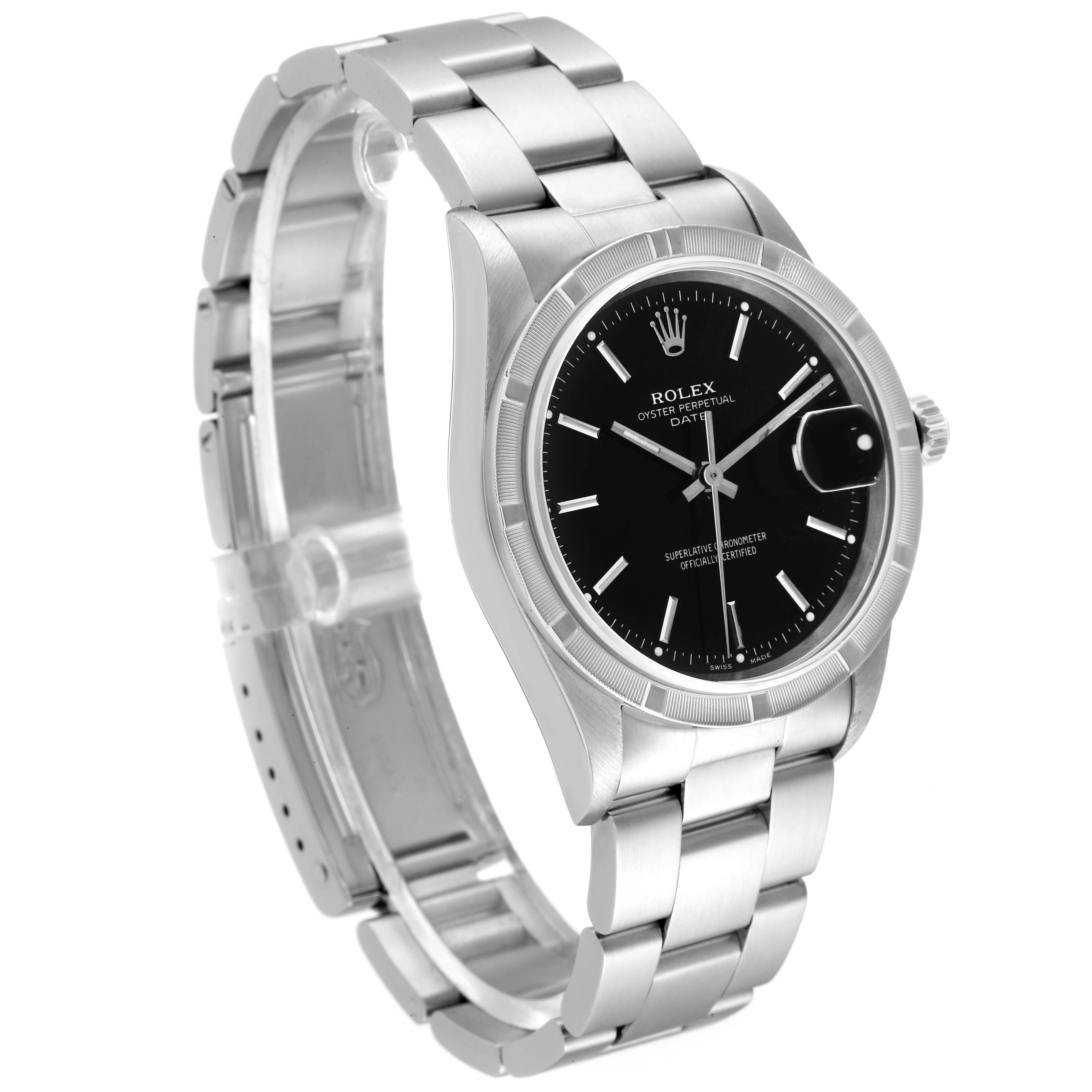 This image shows a side-angle of the Rolex Date 15210 Men's Stainless Steel Black Dial 15210 Men's Stainless Steel Black Dial model, highlighting its stainless steel band, black dial, and date window.