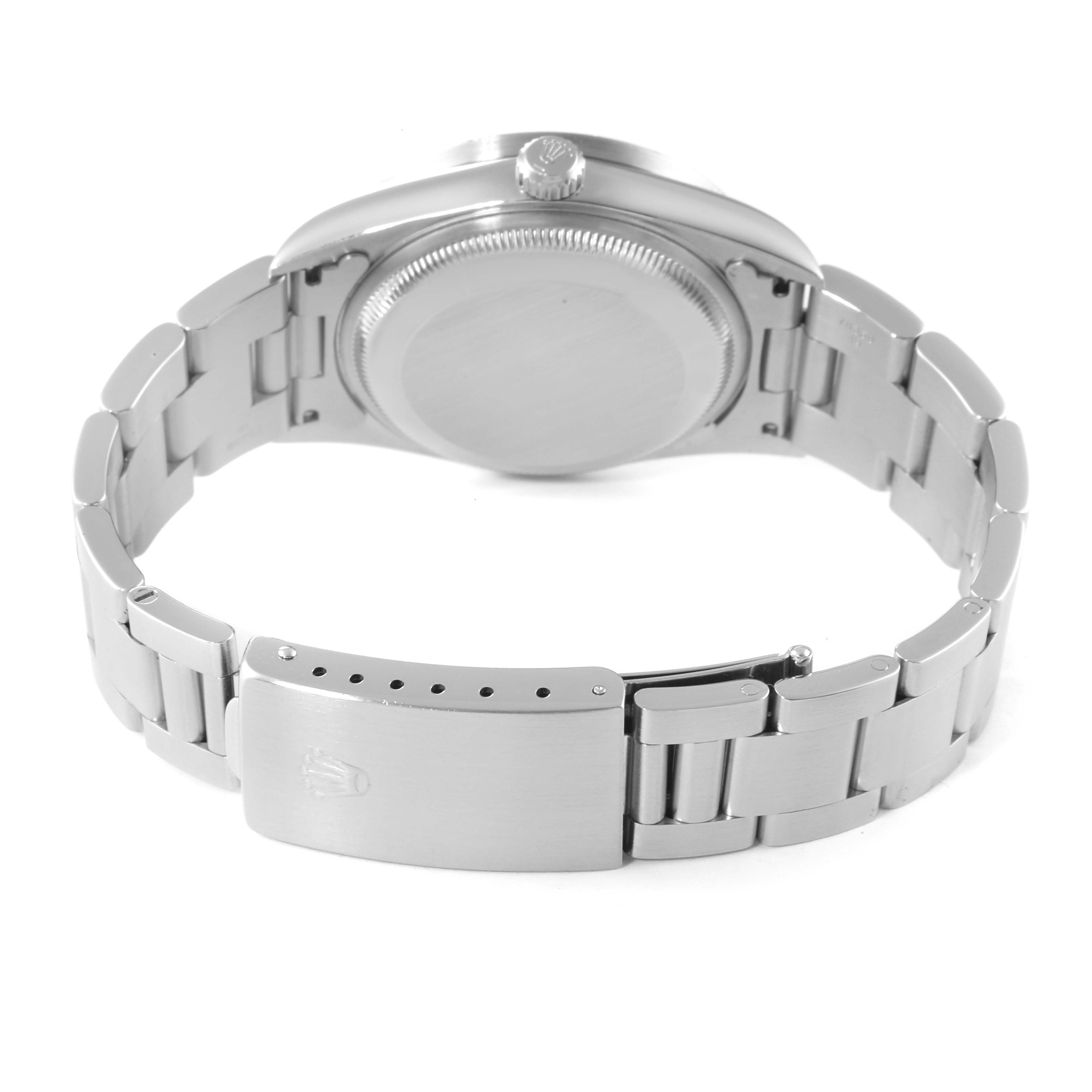 The image shows the back case and bracelet of a Rolex Date 15210 Men's Stainless Steel Black Dial 15210 Men's Stainless Steel Black Dial model watch from a rear angle.