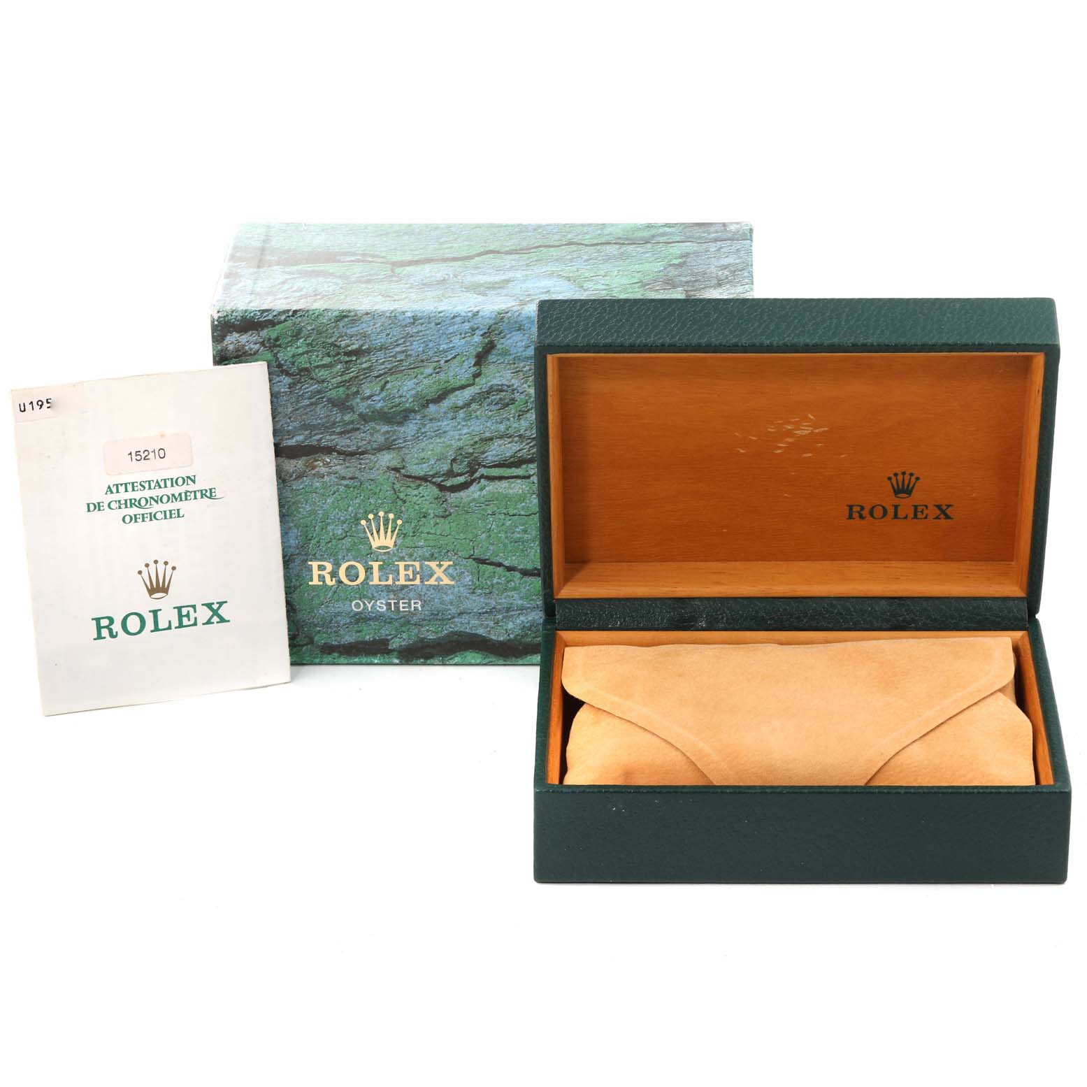 The image shows a Rolex Date 15210 Men's Stainless Steel Black Dial 15210 Men's Stainless Steel Black Dial model watch box, its outer box, and a certificate at a front-facing angle.