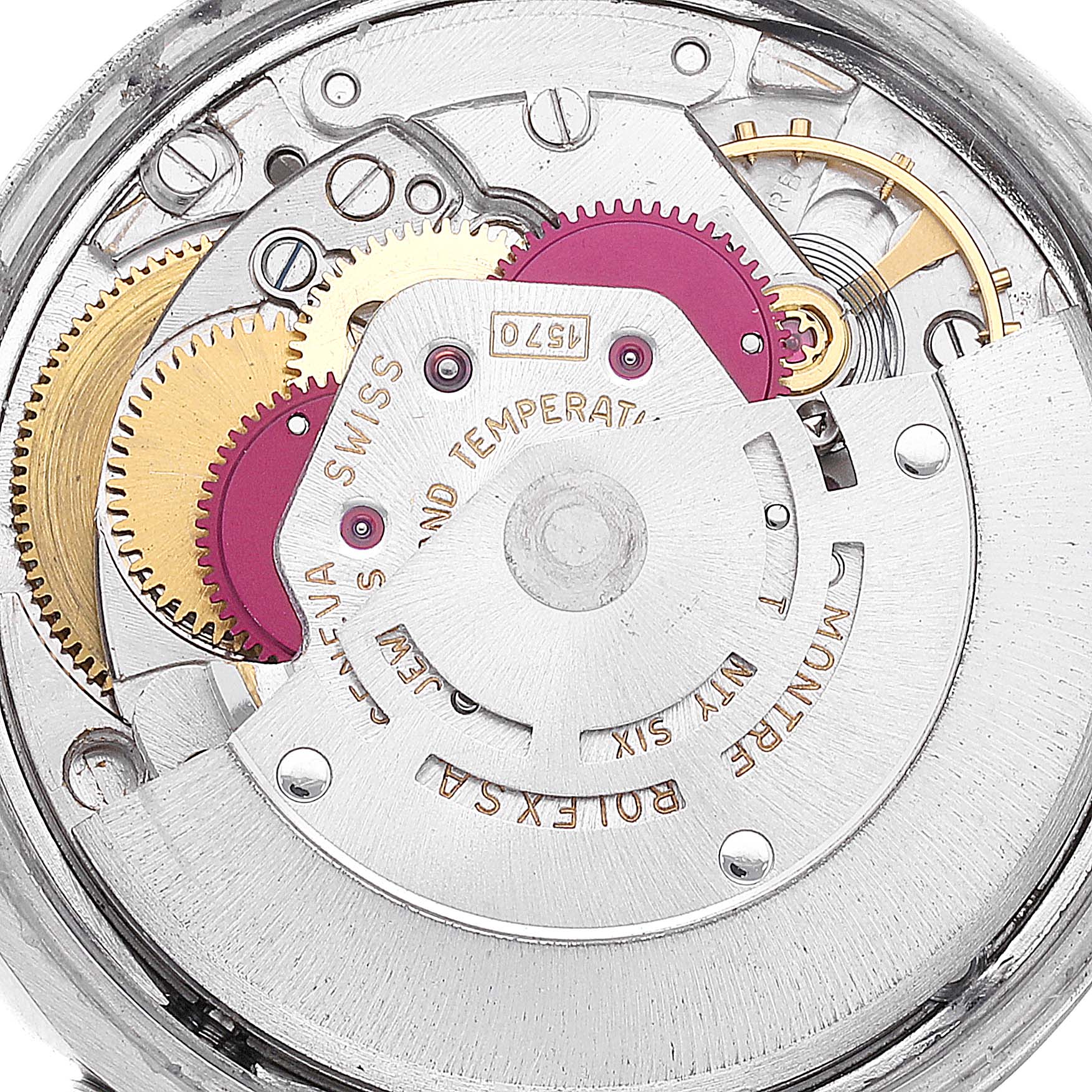 The image shows the internal movement mechanism of a Rolex Vintage Collection 1500 Men
s Stainless Steel Grey Dial 1500 Men
s Stainless Steel Grey Dial watch, highlighting gears and intricate components.