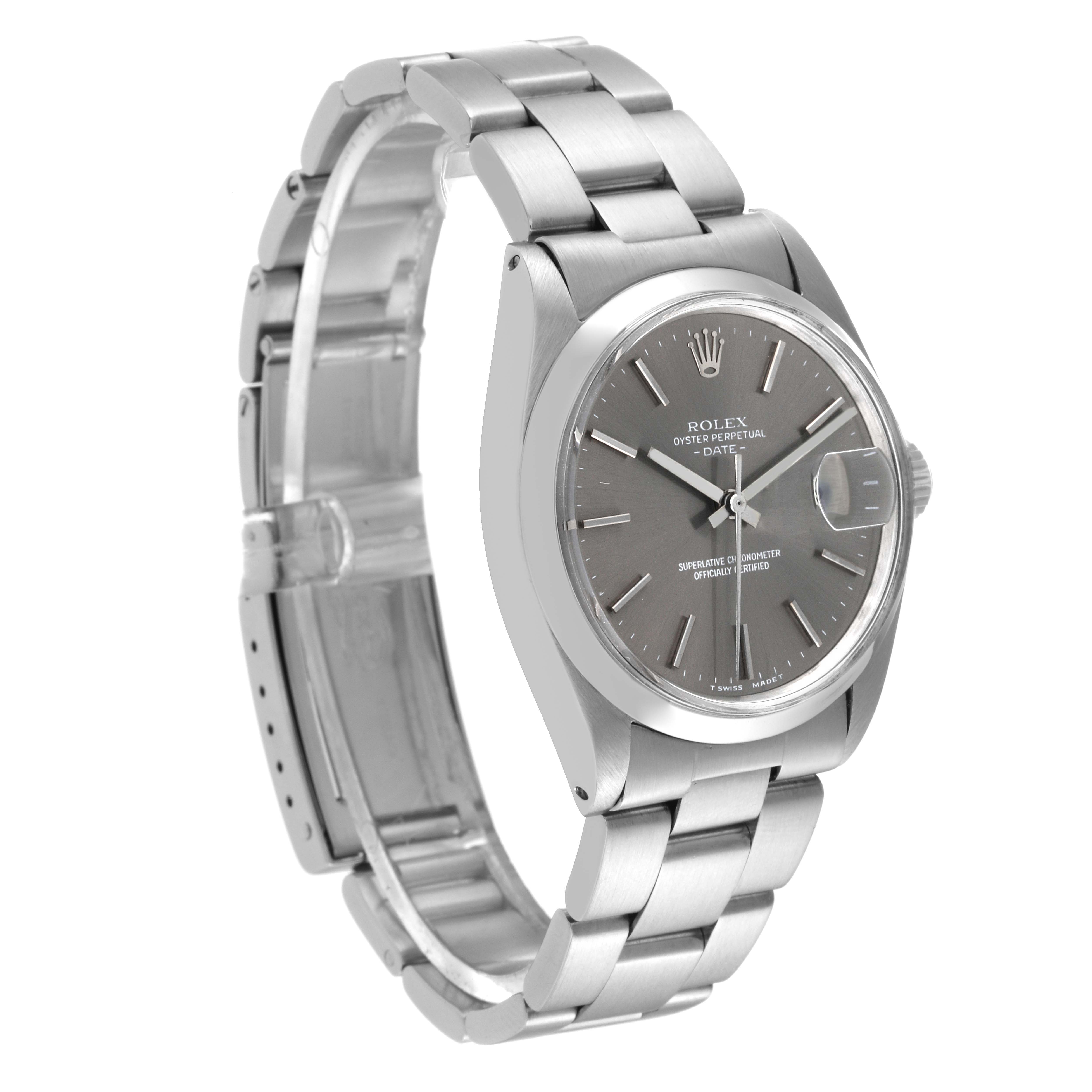 This image showcases a Rolex Vintage Collection 1500 Men
s Stainless Steel Grey Dial 1500 Men
s Stainless Steel Grey Dial watch from a three-quarter angle, highlighting the dial, bezel, and bracelet.