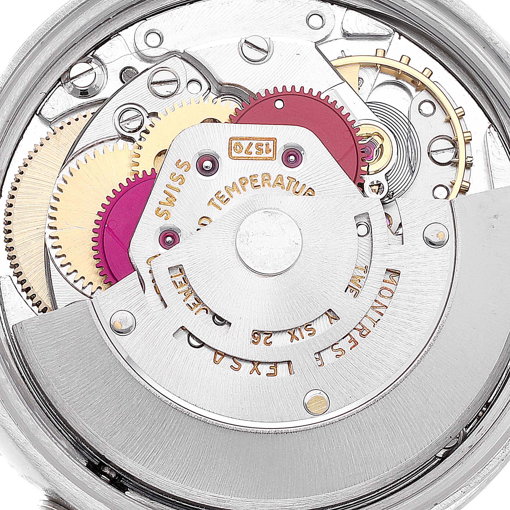 This image shows a close-up of the movement and internal components of a Vintage Collection model by Rolex.