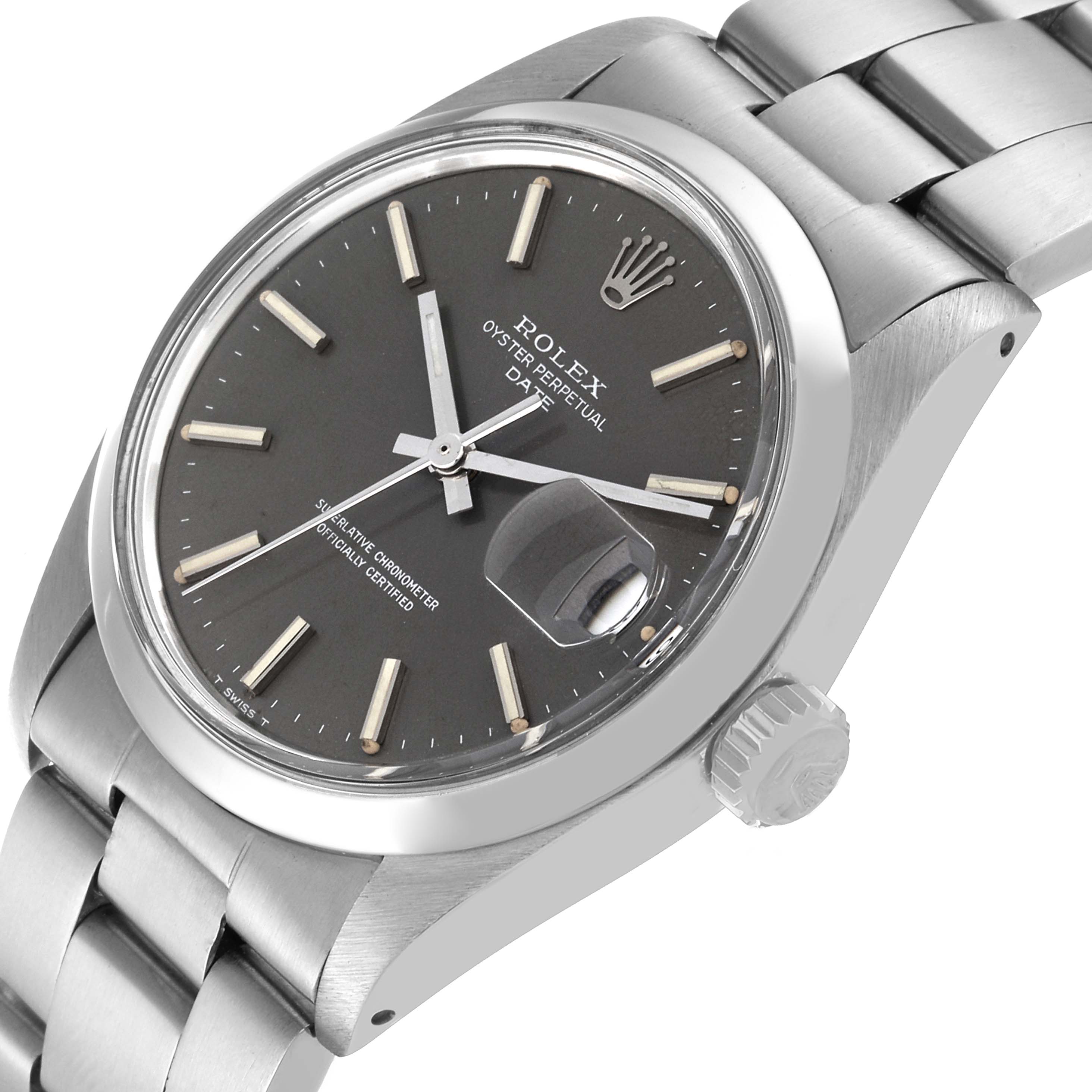 This image shows a close-up angled view of the dial, crown, and part of the bracelet of the Rolex Vintage Collection 1500 Men's Stainless Steel Grey Dial 1500 Men's Stainless Steel Grey Dial watch.