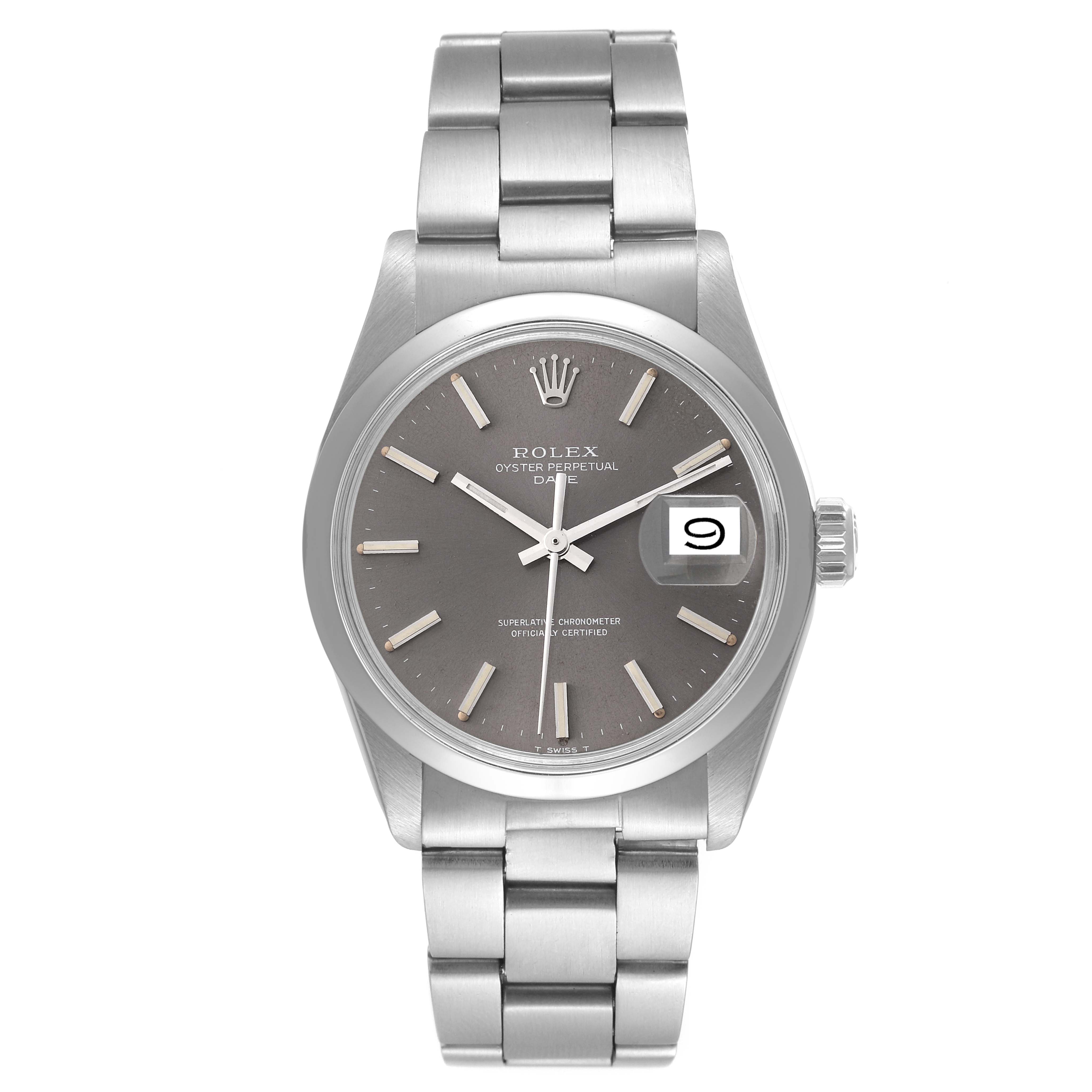 The watch shown is a Rolex Vintage Collection 1500 Men's Stainless Steel Grey Dial 1500 Men's Stainless Steel Grey Dial model, photographed from the front displaying its dial, bracelet, and date window.