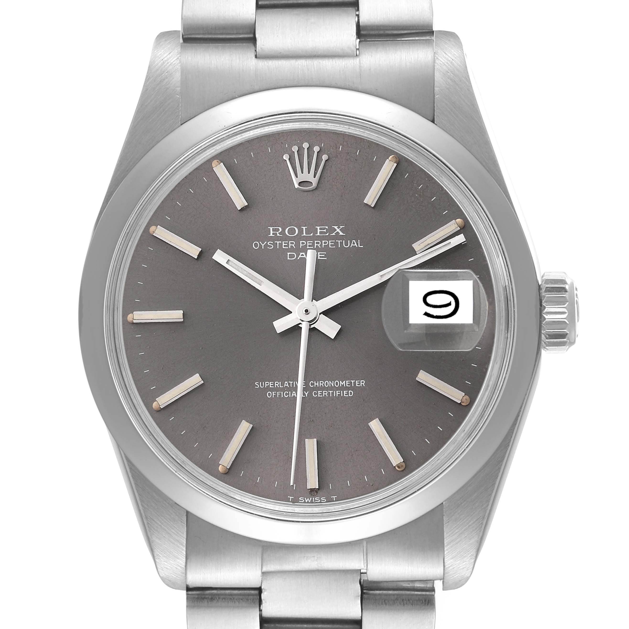 The image shows a Rolex Vintage Collection 1500 Men's Stainless Steel Grey Dial 1500 Men's Stainless Steel Grey Dial watch from a front angle, featuring the face, dial, and part of the bracelet.