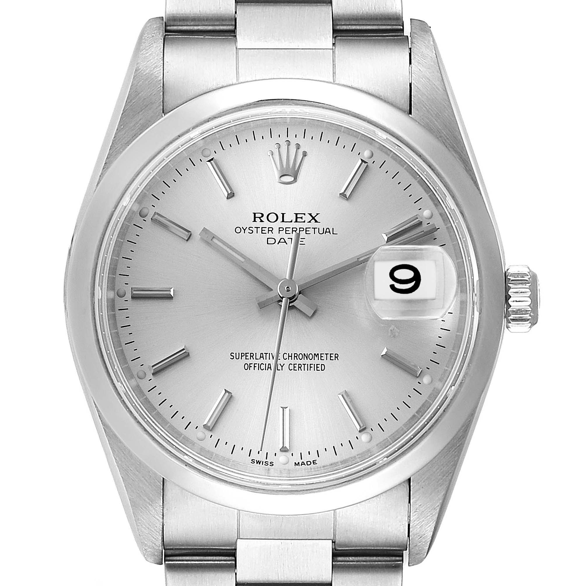 The image shows a front view of a Rolex Date 15200 Men's Stainless Steel Silver Dial 15200 Men's Stainless Steel Silver Dial model watch, displaying the dial, case, bracelet, and date window.