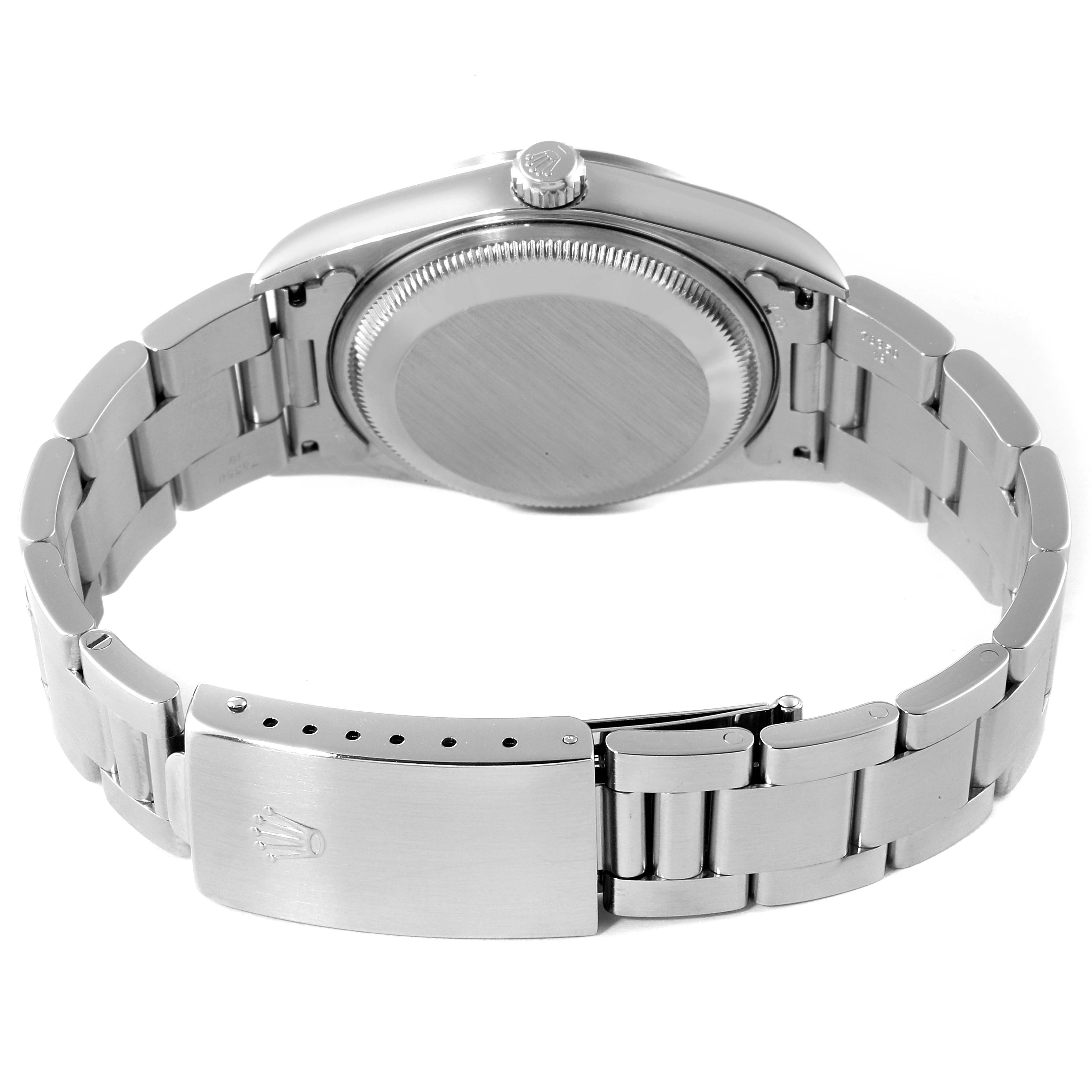 This image shows the back case and metal bracelet, including the clasp, of a Rolex Date 15200 Men's Stainless Steel Silver Dial 15200 Men's Stainless Steel Silver Dial model watch.