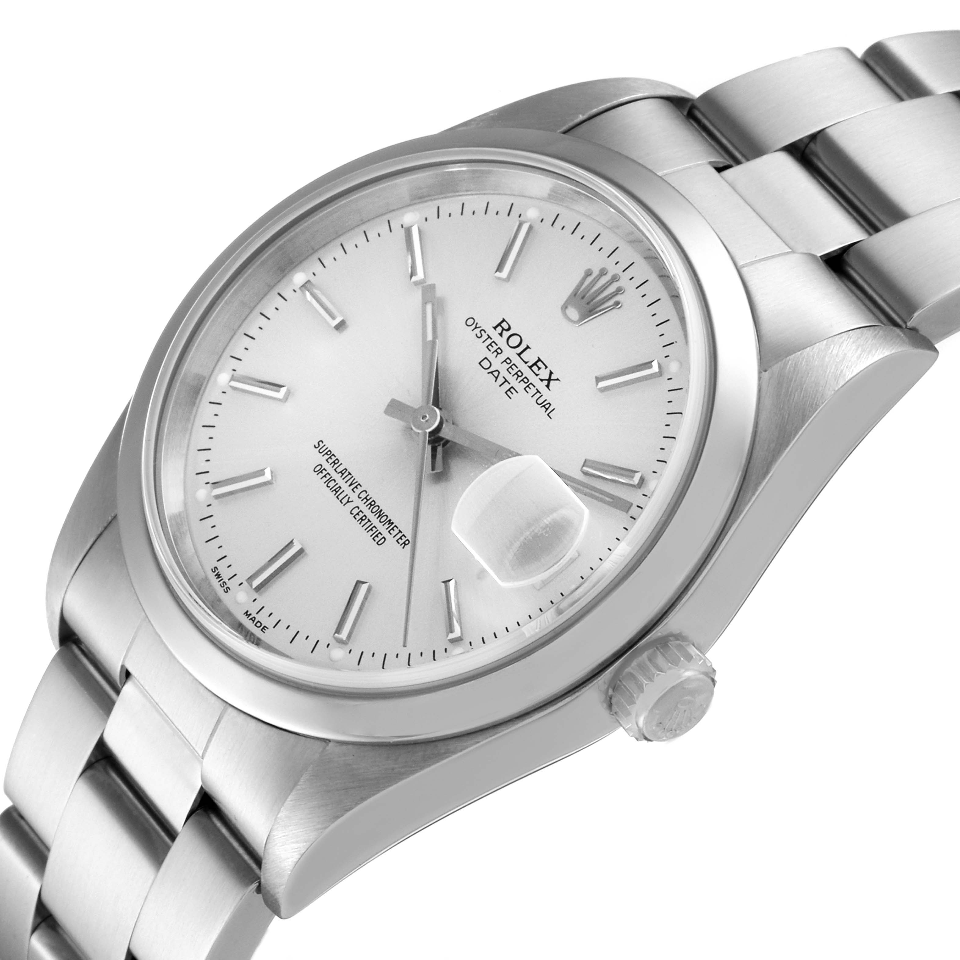 The image shows a close-up angle of the Rolex Date 15200 Men's Stainless Steel Silver Dial 15200 Men's Stainless Steel Silver Dial model watch, highlighting its dial, bezel, crown, and part of the bracelet.